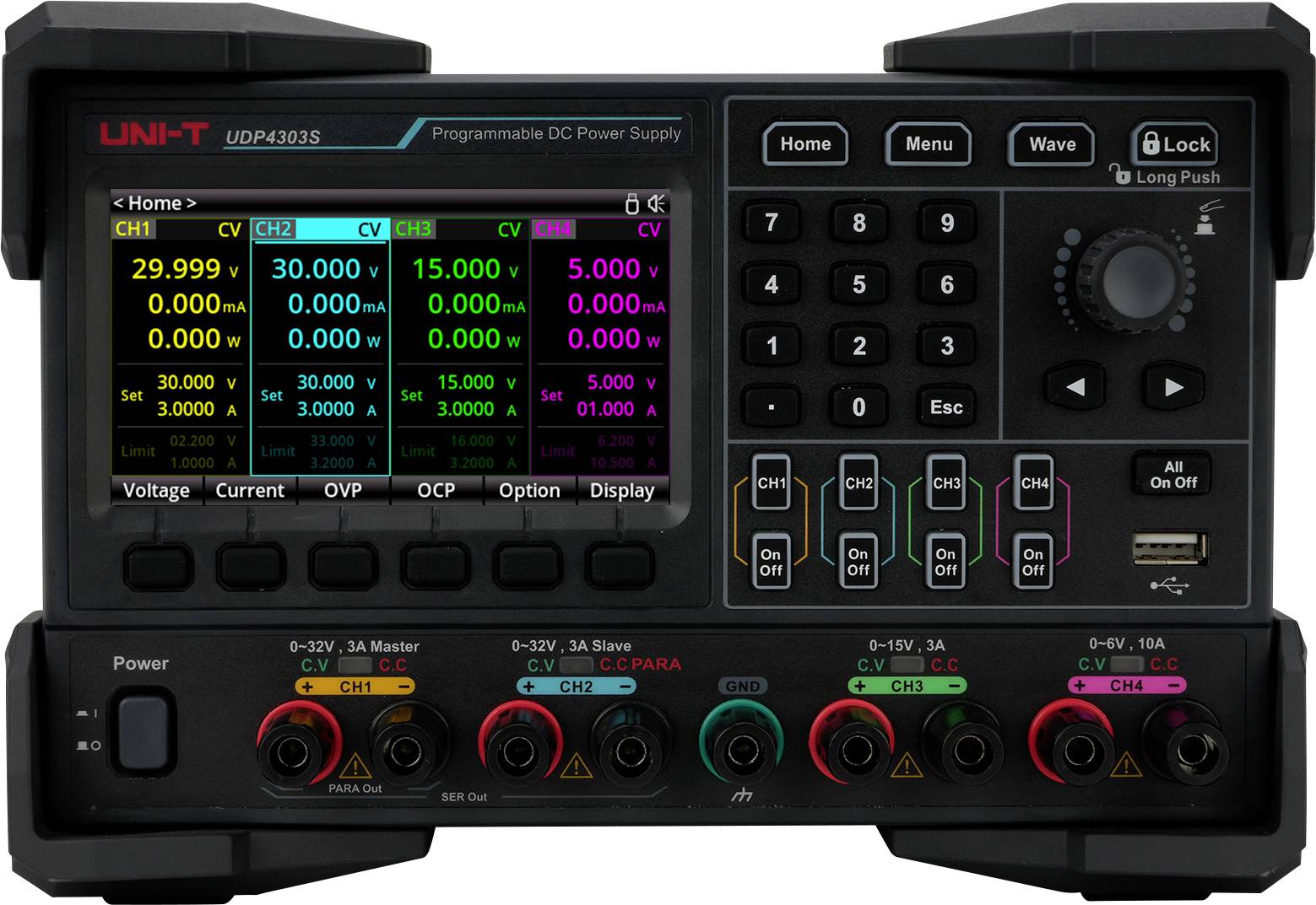 Eine digitale programmierbare DC-Stromversorgung mit Display, das Spannungs- und Stromeinstellungen für vier Kanäle zeigt, wobei jeder Kanal 'CV' und 'CC' anzeigt. Bedienungstasten für Menünavigation und Stromsteuerung sind sichtbar.