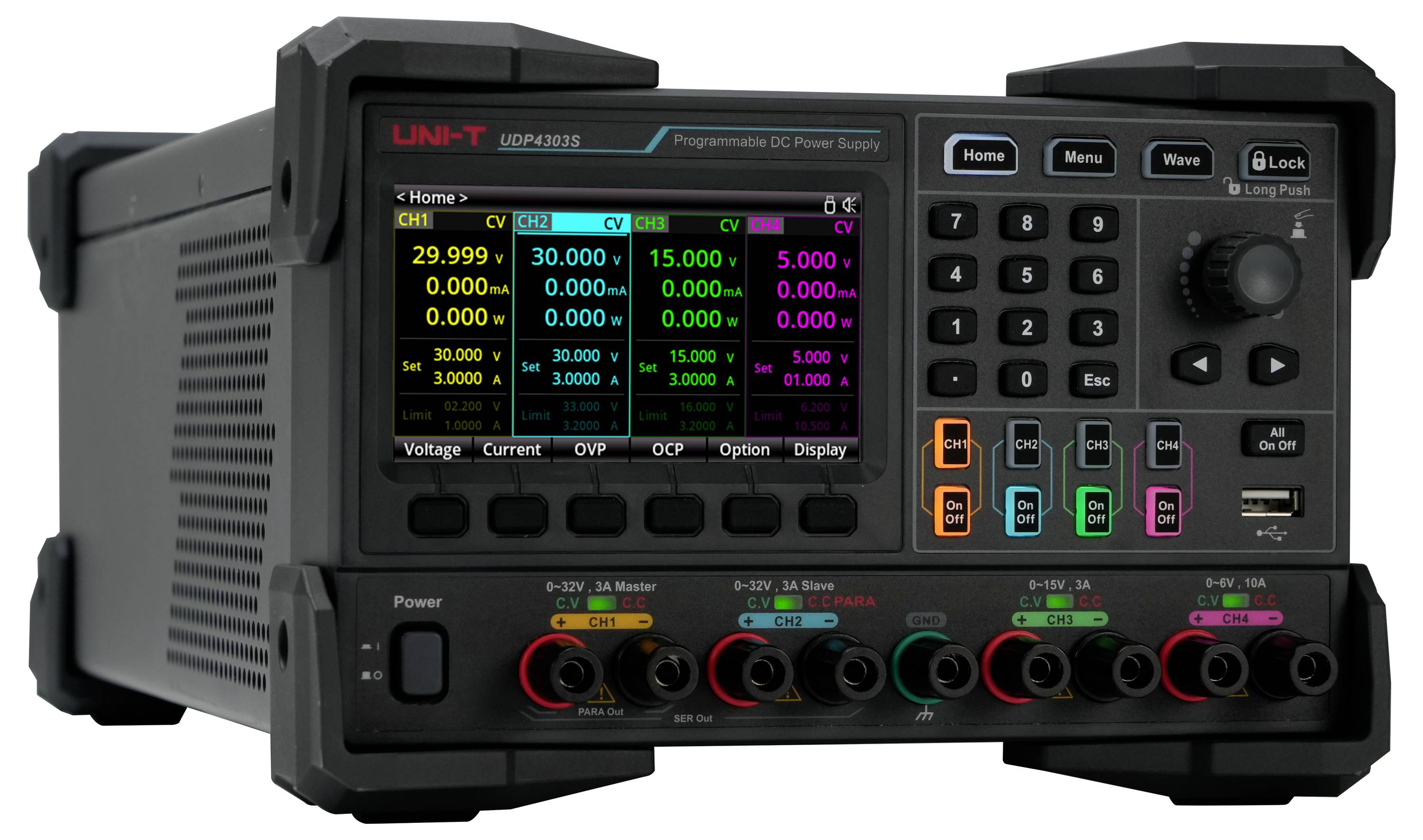 Ein Labornetzteil mit Programmierfunktion und digitalem Display zur Anzeige von Spannungs- und Stromeinstellungen für mehrere Kanäle.