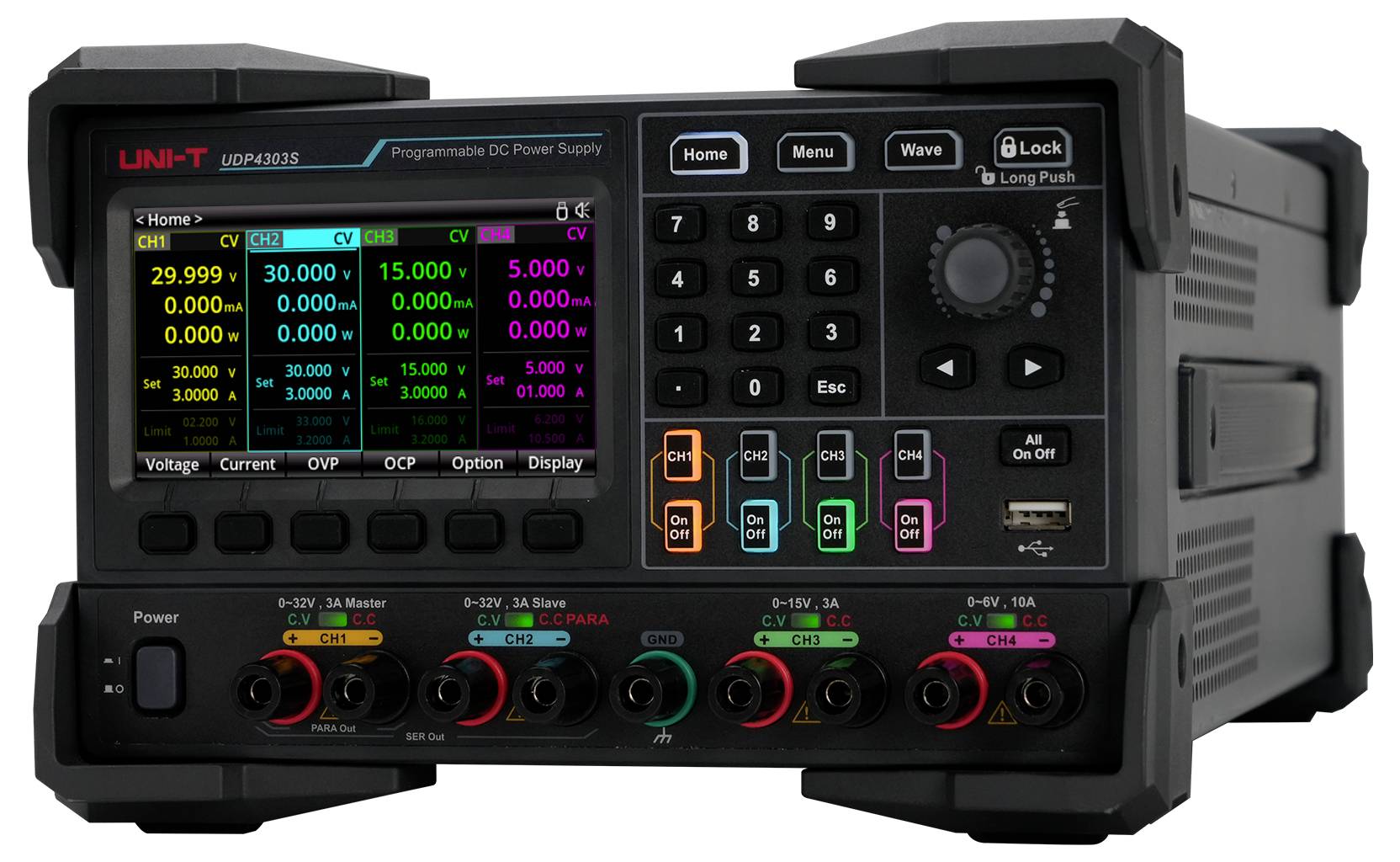 Ein programmierbares DC-Netzteil mit digitaler Anzeige, die Spannungs- und Stromwerte für mehrere Kanäle zeigt.