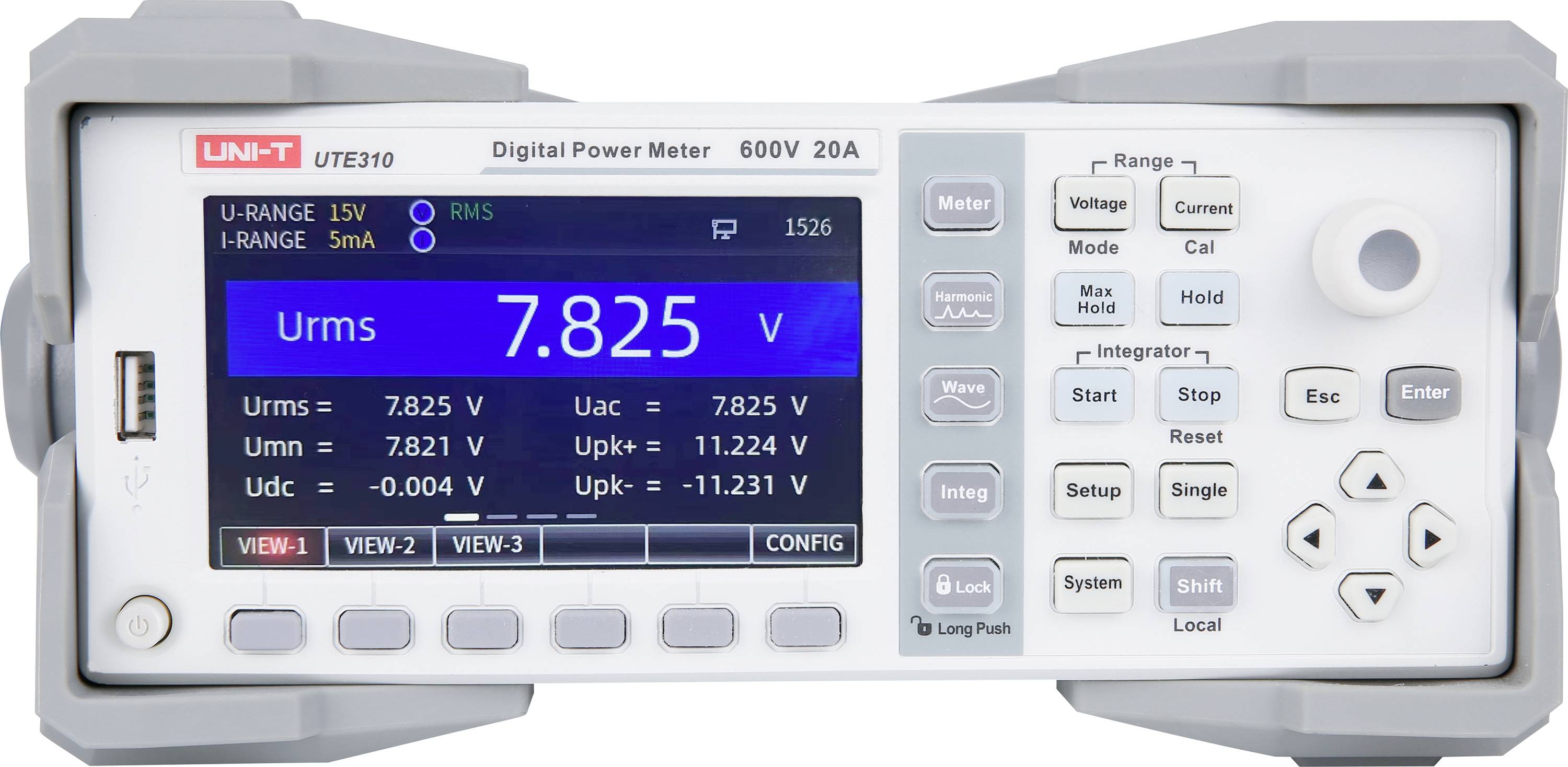 Digitales Leistungsmessgerät UNI-T UTE310, 600V 20A. Zeigt Spannung von 7,825V. Tasten umfassen Power, Range, Setup, Test, Record, Save.
