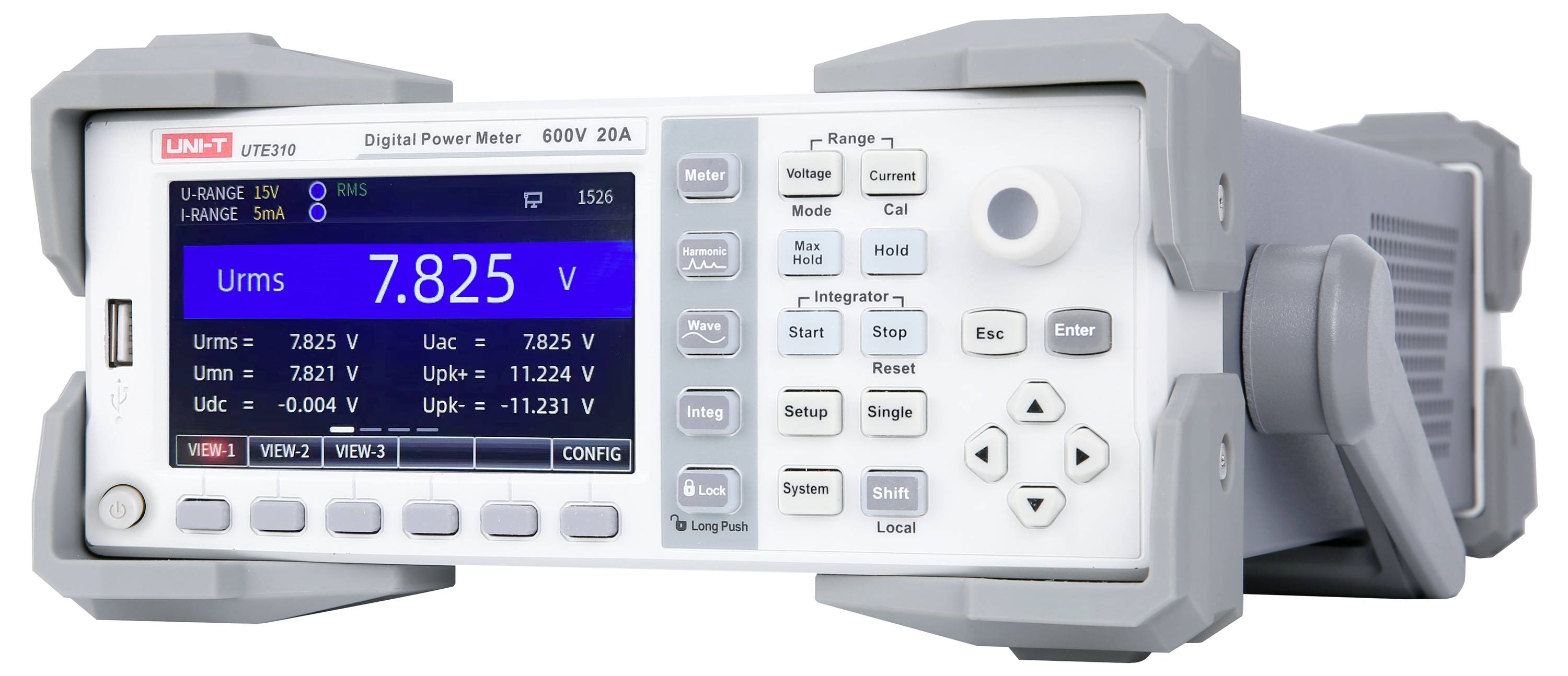 Ein digitales Leistungsmessgerät, das eine Spannungsablesung von 7,825 V anzeigt, mit verschiedenen Messtasten und einem blau beleuchteten Bildschirm.