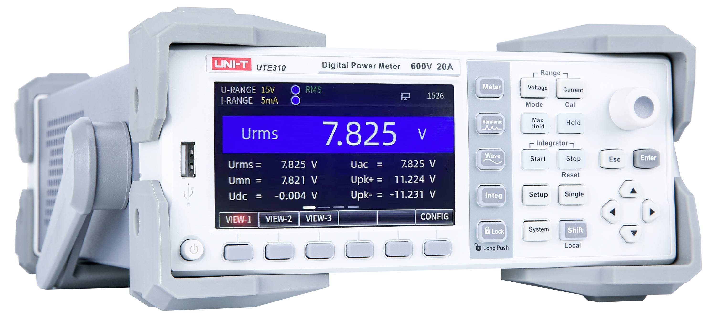 Multifunktionaler digitaler Leistungsmesser zeigt '7,825 V' an. Enthält Tasten zur Navigation und Bereichsanpassung mit USB- und LAN-Anschlüssen.