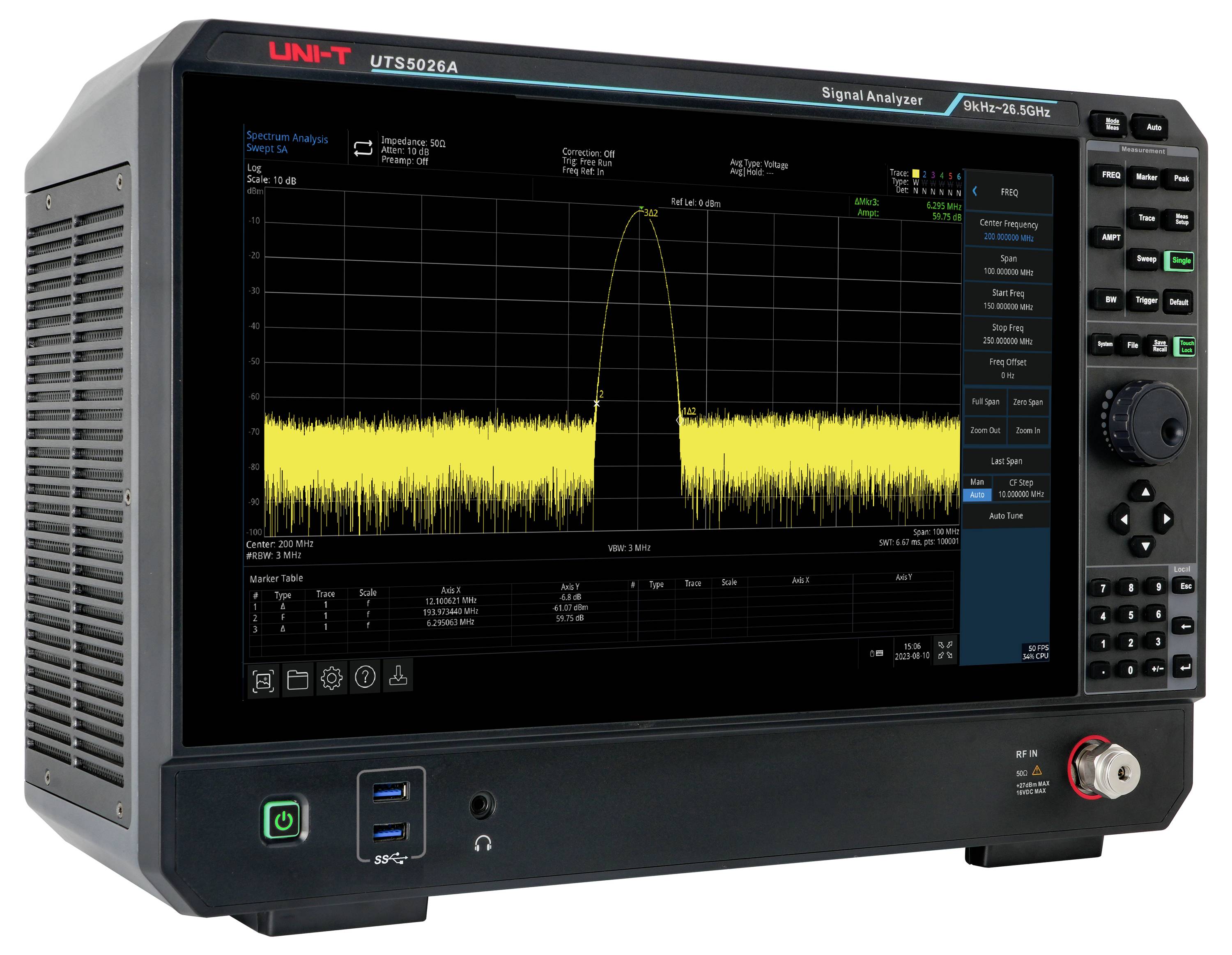 Ein schwarzer und grauer Signalanalysator mit einem Bildschirm, der eine gelbe Wellenformgrafik zeigt, mit verschiedenen Steuerungstasten auf der rechten Seite.