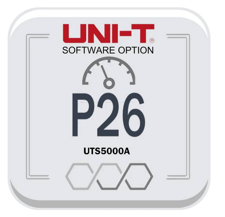 'UNI-T Software-Option P26 UTS5000A' Etikett mit einem Tachometer-Symbol, das eine Leistungs- oder Messwerkerweiterung anzeigt.