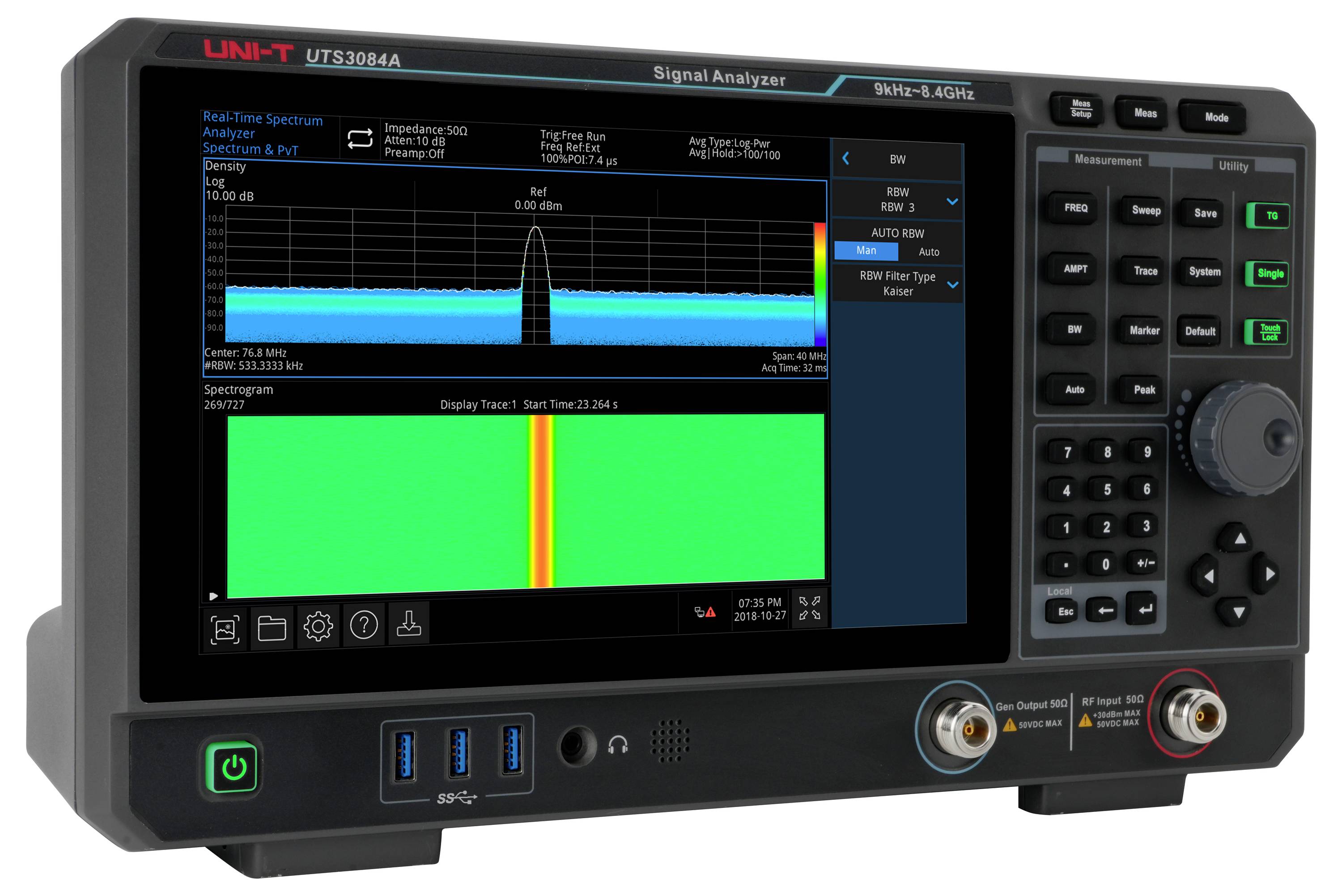 Signalanalysegerät mit digitalem Display zur Frequenzanalyse, Bedienungstasten und sichtbarem Markennamen 'UNI-T'.