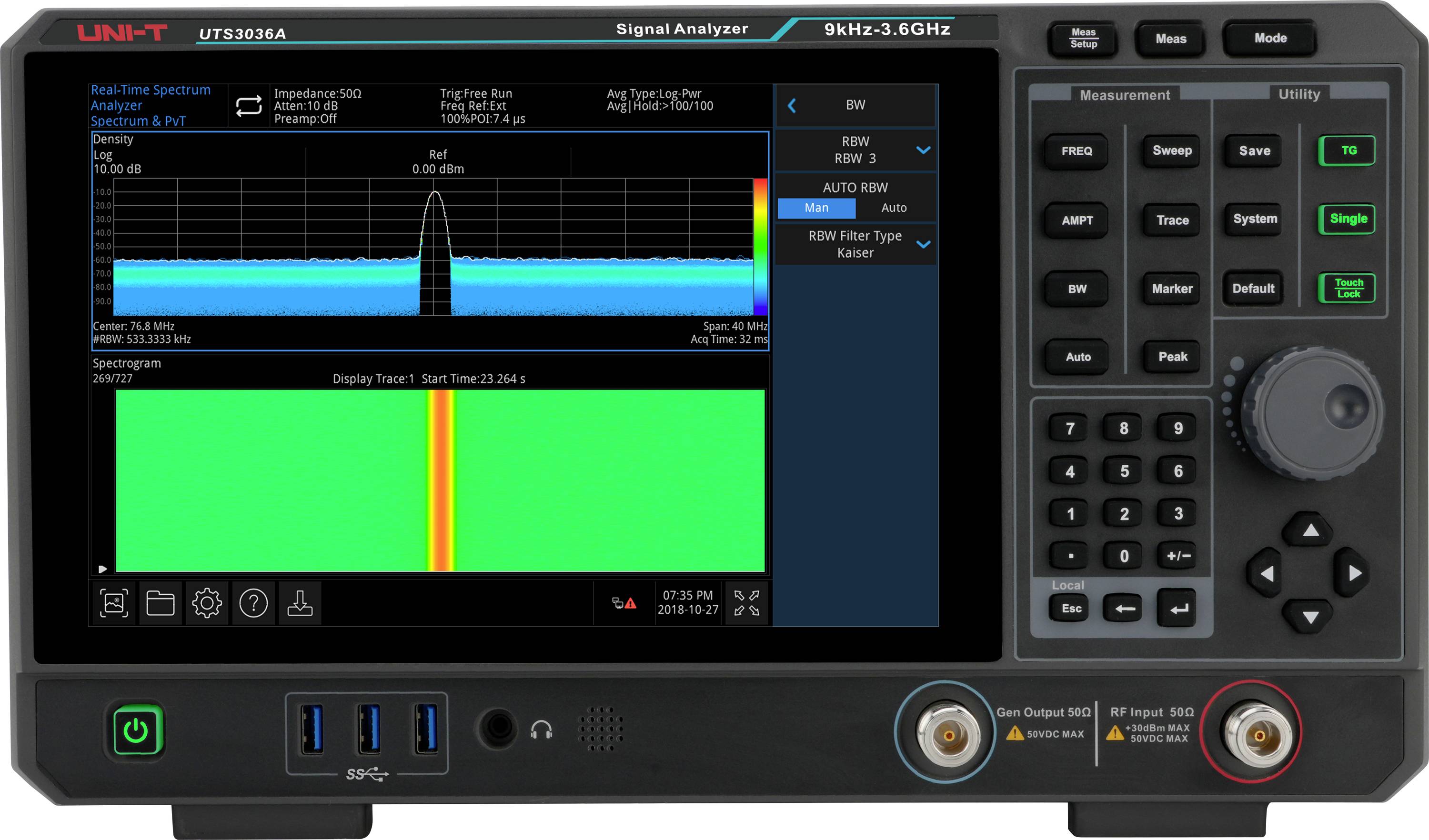 Ein Signalanalysator mit einer farbenfrohen Spektrumanzeige zeigt Frequenzspitzen. Bedienungsknöpfe und Anschlüsse sind auf dem Seitenpanel sichtbar.