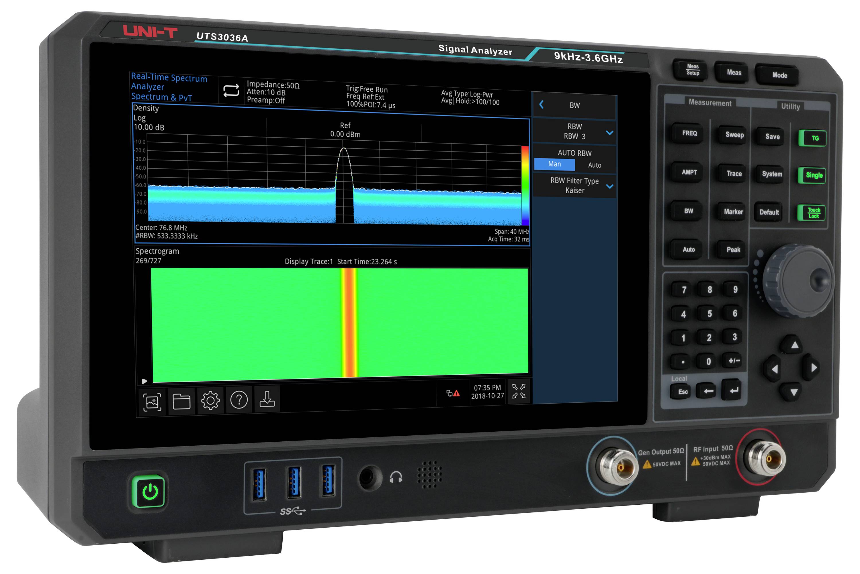 Signalanalysator mit Multitone-Spektrum und Spektrogramm. Bildschirm zeigt Frequenzanalyse mit Steuerungen und Anschlüssen an der Seite.
