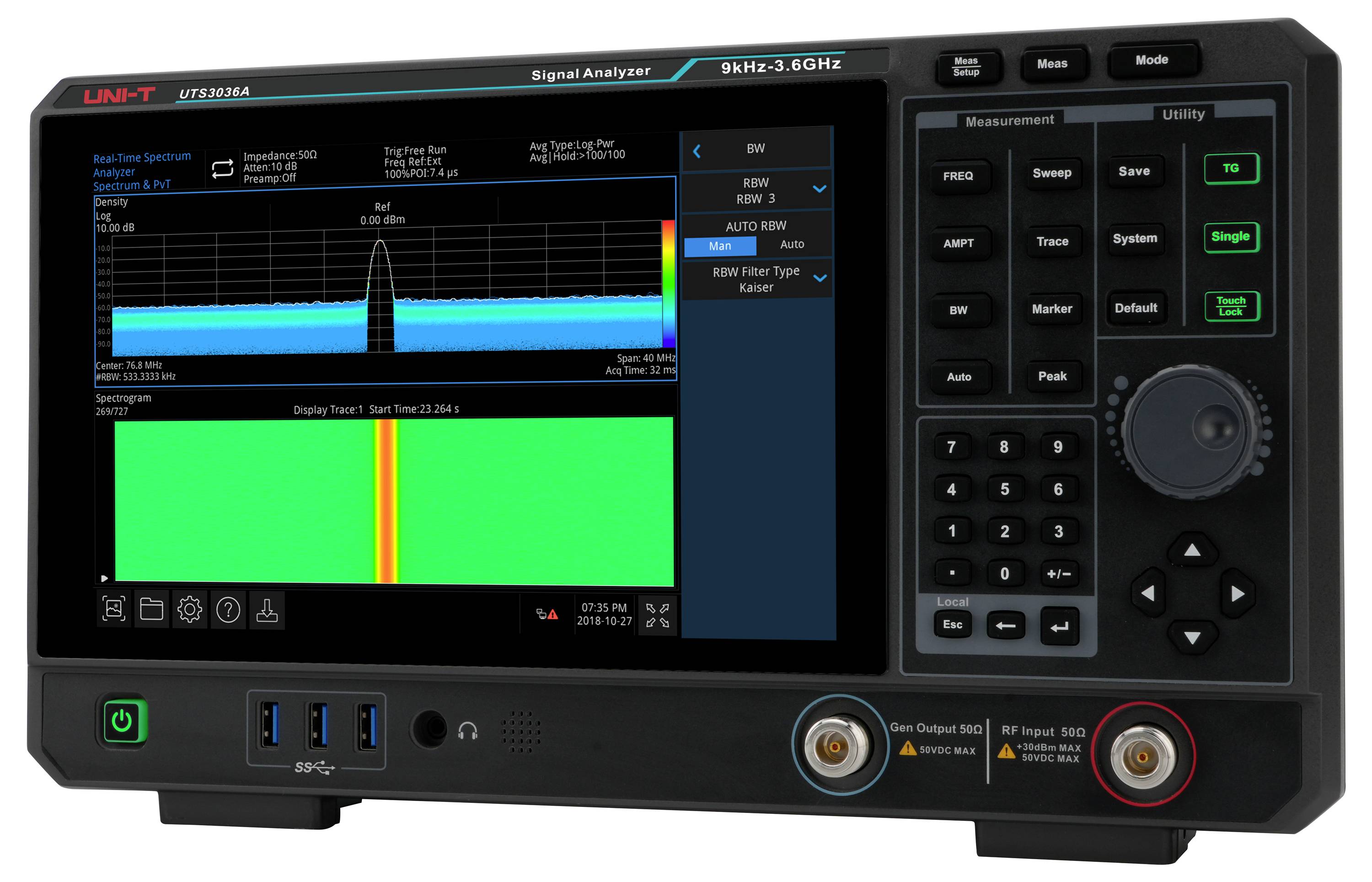 Ein schwarzer Signalanalysator mit verschiedenen Bedienelementen, der eine Wellenform und ein Spektrum auf dem Bildschirm anzeigt und eine Signalanalyse von 9 kHz bis 3,6 GHz signalisiert.
