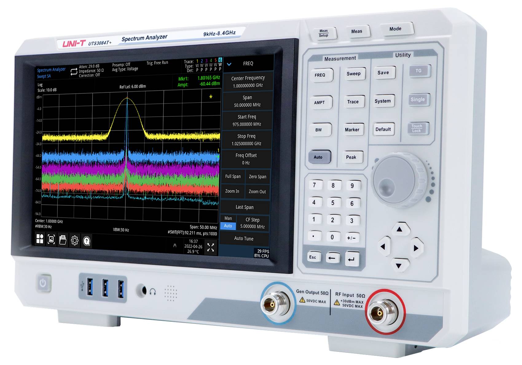 Spektrum-Analysator mit einer digitalen Anzeige, die verschiedene Frequenzwellenformen, Bedienungsknöpfe und Eingangs-/Ausgangsbuchsen auf dem Frontpanel zeigt.