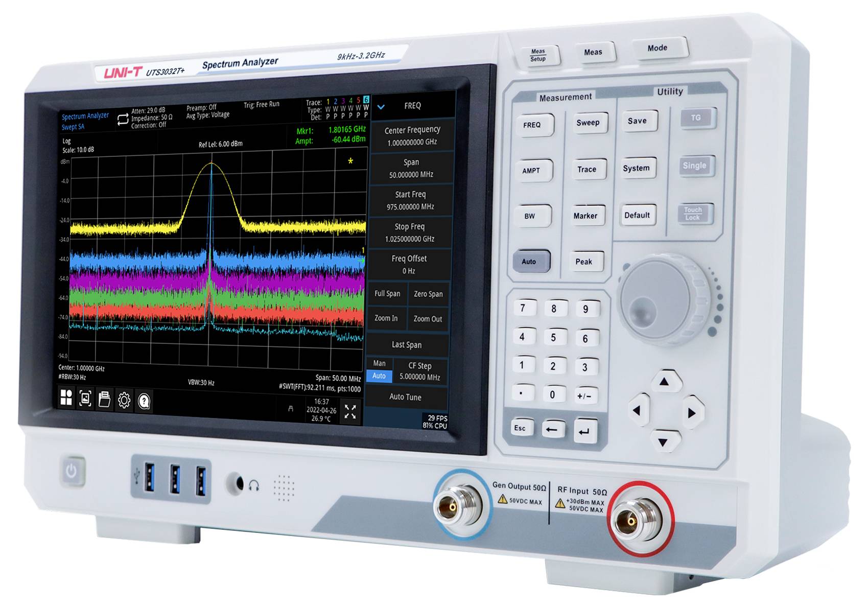 Spektrumanalysator, der eine Frequenzanalyse mit mehreren Wellenformen auf dem Bildschirm anzeigt und dabei die Signalstärke und Variationen über die Frequenz darstellt.