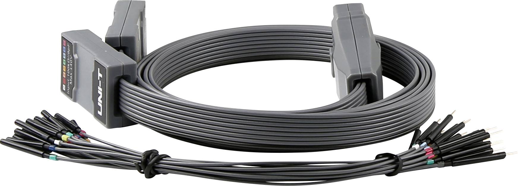 Ein Multikanal-Testleitungssatz mit mehreren Krokodilklemmen und einem Anschluss, verwendet für elektronische Tests und Signalmessungen.