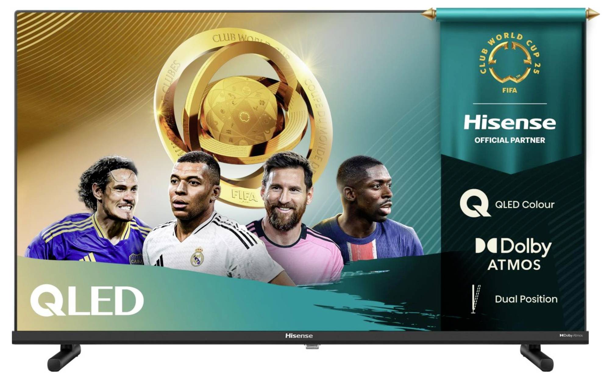Banner der Hisense Official Partner FIFA Club World Cup mit vier Fußballspielern und einer QLED TV-Promotion.