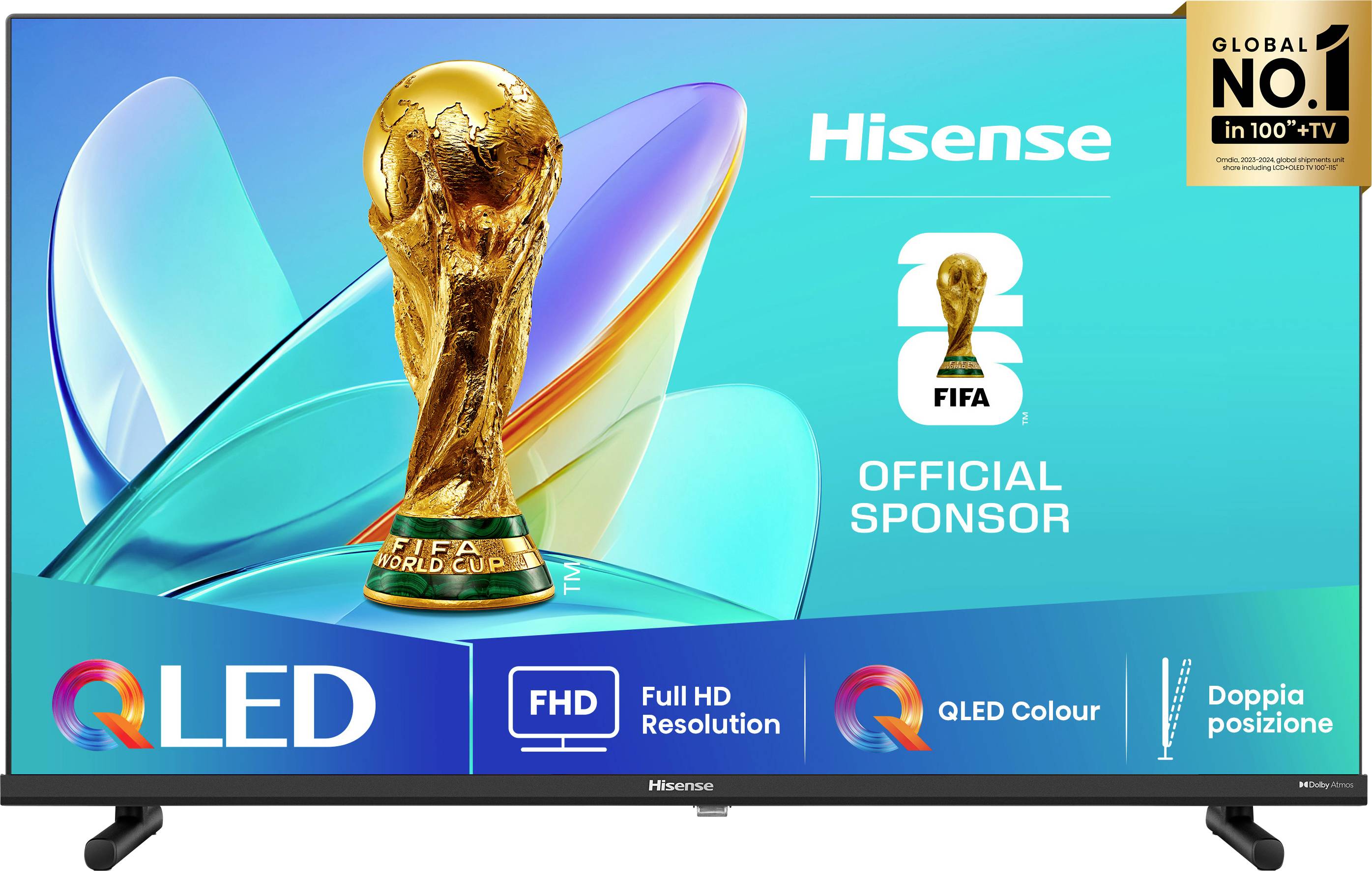 Hisense TV-Bildschirm, der ein FIFA-Weltpokal-Bild zeigt, mit dem Text 