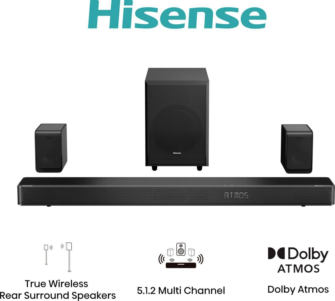 Soundbar-System mit 'Hisense'-Logo, Mittellautsprecher, Subwoofer und zwei drahtlosen Rear-Lautsprechern. Ausgestattet mit 'Dolby Atmos' und 5.1.2 Kanälen.