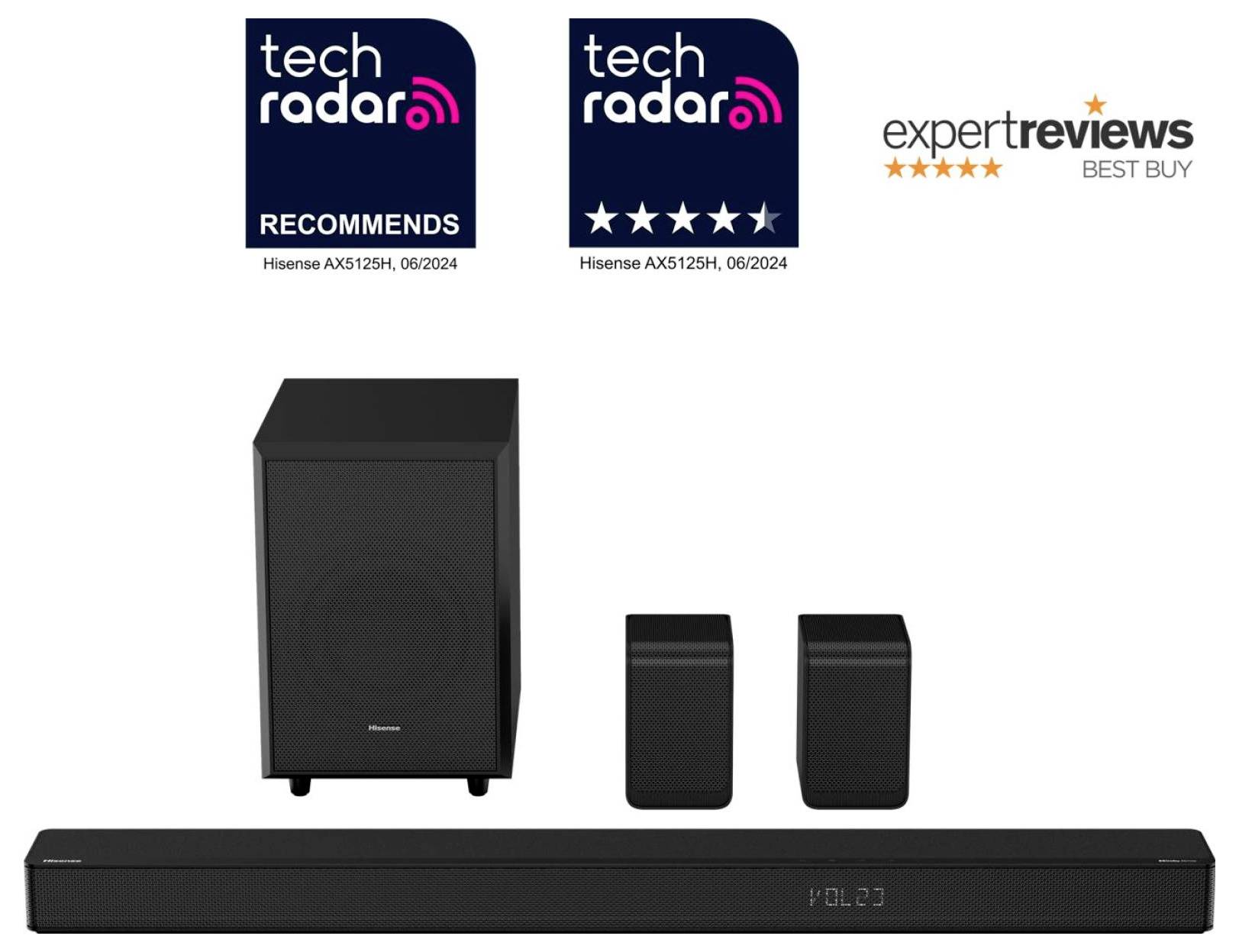 Hisense AX5125H Heimkinosystem mit Soundbar, Subwoofer und zwei Lautsprechern. Ausgezeichnet von techradar und expertreviews für Exzellenz.