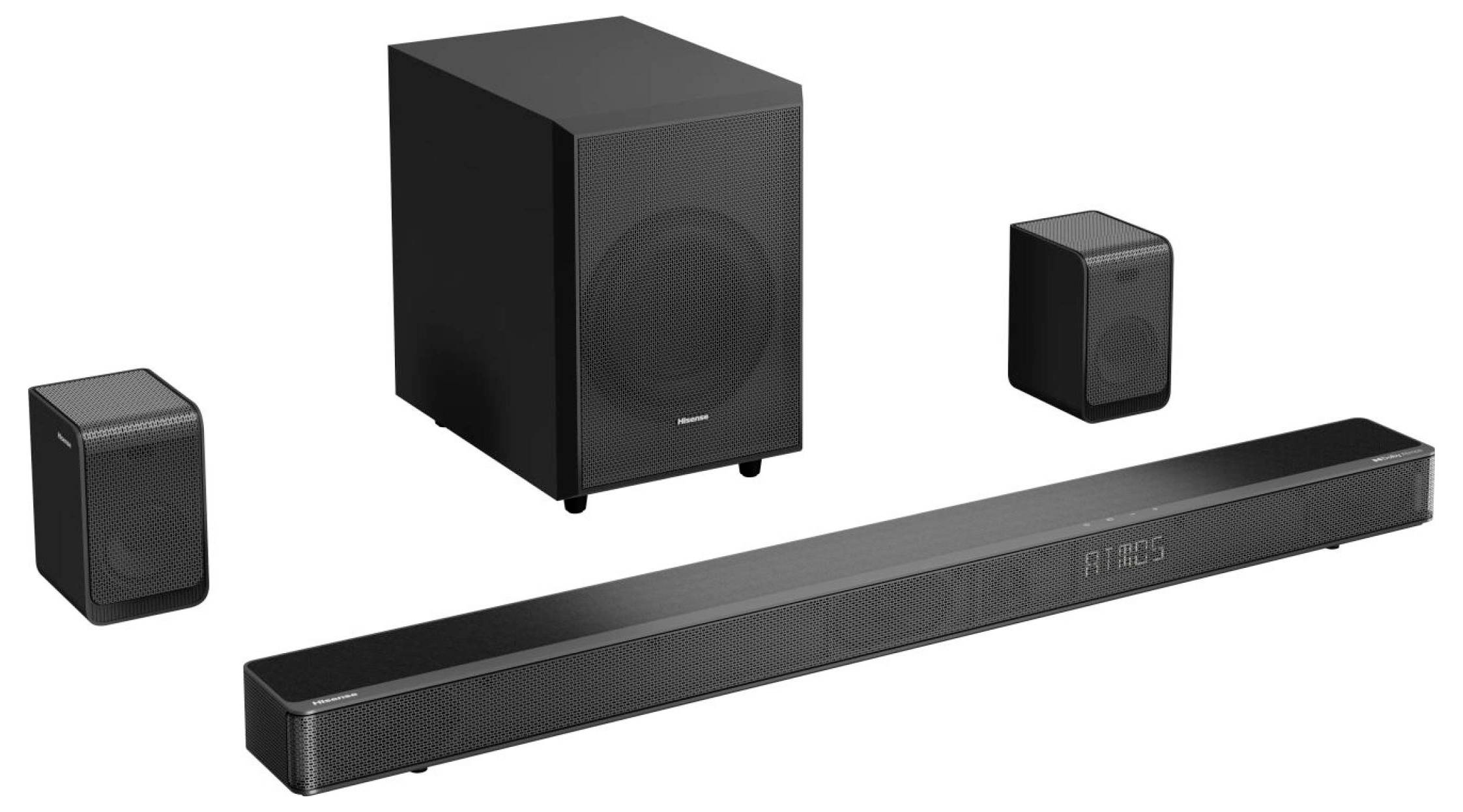 Ein schwarzes Soundbar-System mit einem großen Subwoofer und zwei kleinen Satellitenlautsprechern, geeignet für eine Heimkinoanlage.