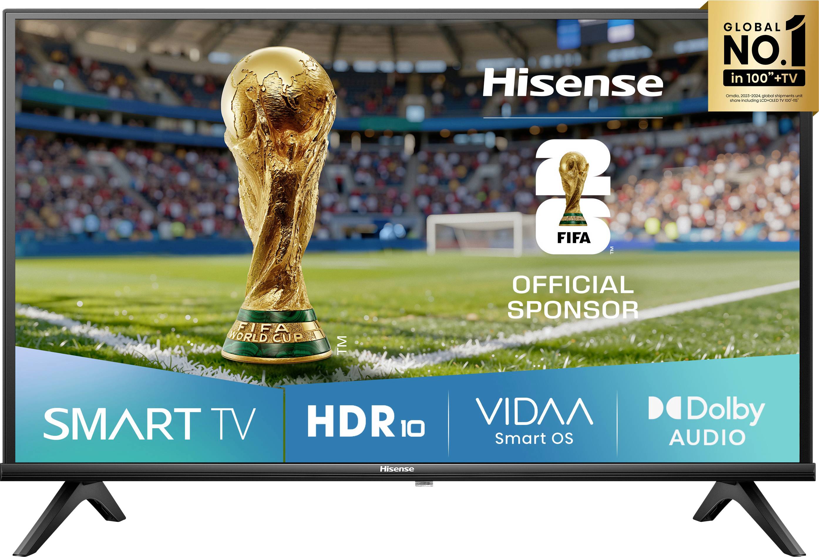 Ein Hisense TV, der eine Stadionansicht mit der FIFA-Weltpokal-Trophäe zeigt, mit Hervorhebung der Funktionen: Smart-TV, HDR10, VIDAA Smart-Betriebssystem, Dolby Audio.