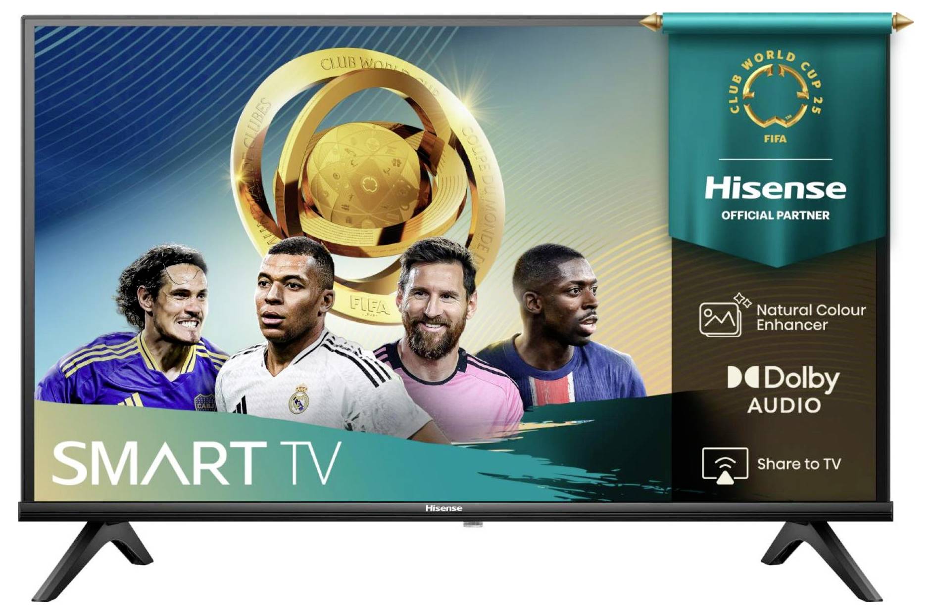 Ein SMART TV zeigt vier Fußballspieler mit einer FIFA-Klub-Weltmeisterschafts-Trophäe im Hintergrund. Das Banner liest sich: 