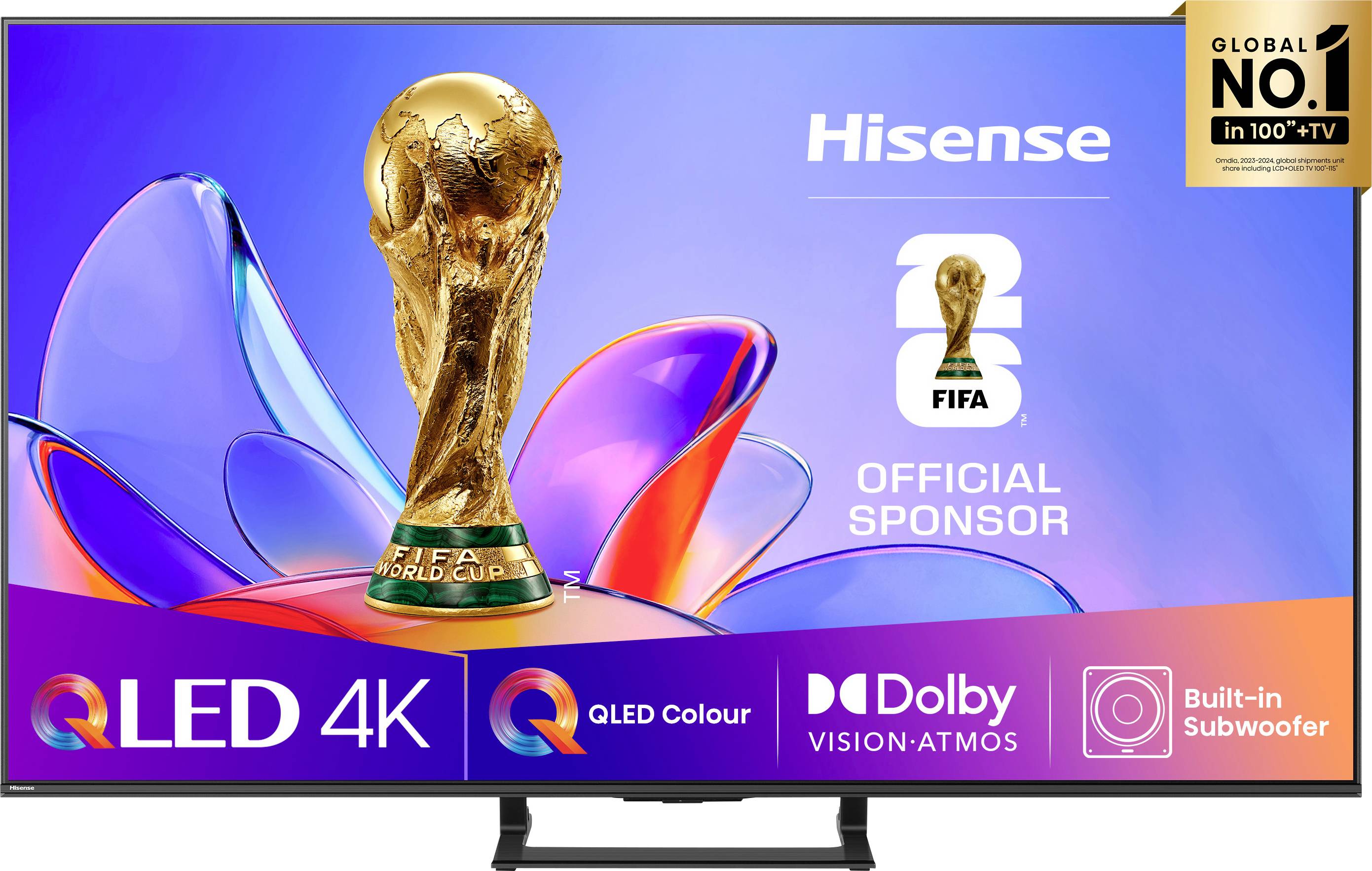 Ein Hisense-TV-Display, das die FIFA-Weltpokal-Trophäe zeigt. Es hebt Funktionen wie QLED 4K, Dolby Vision Atmos und eingebauten Subwoofer hervor.