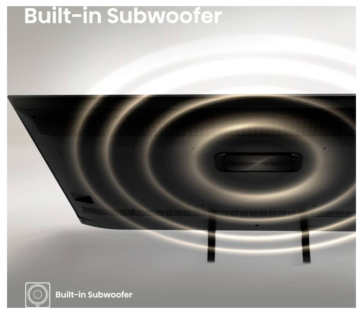 Das Bild zeigt einen Fernseher mit integriertem Subwoofer, aus dessen Lautsprecherbereich unter dem Bildschirm illustrierte Schallwellen ausstrahlen.
