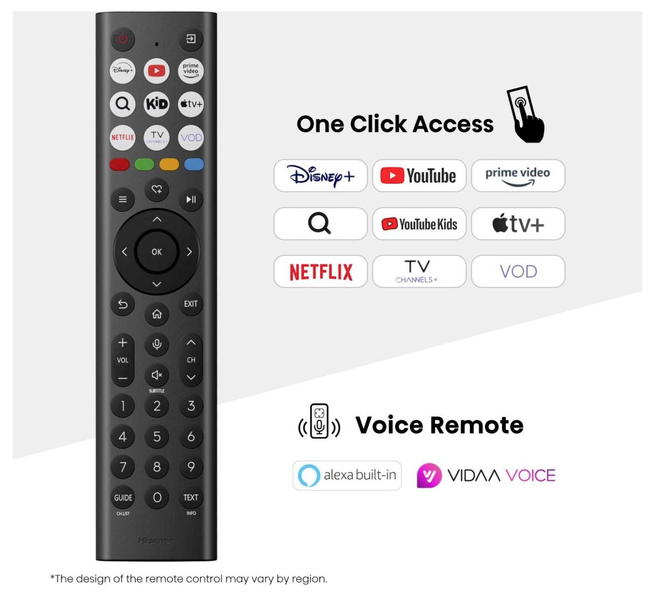 Fernbedienung mit Tasten zum Zugriff auf Streaming-Dienste wie Disney+, YouTube, Netflix und mehr. Ausgestattet mit Sprachsteuerung durch Alexa und VIDAA.