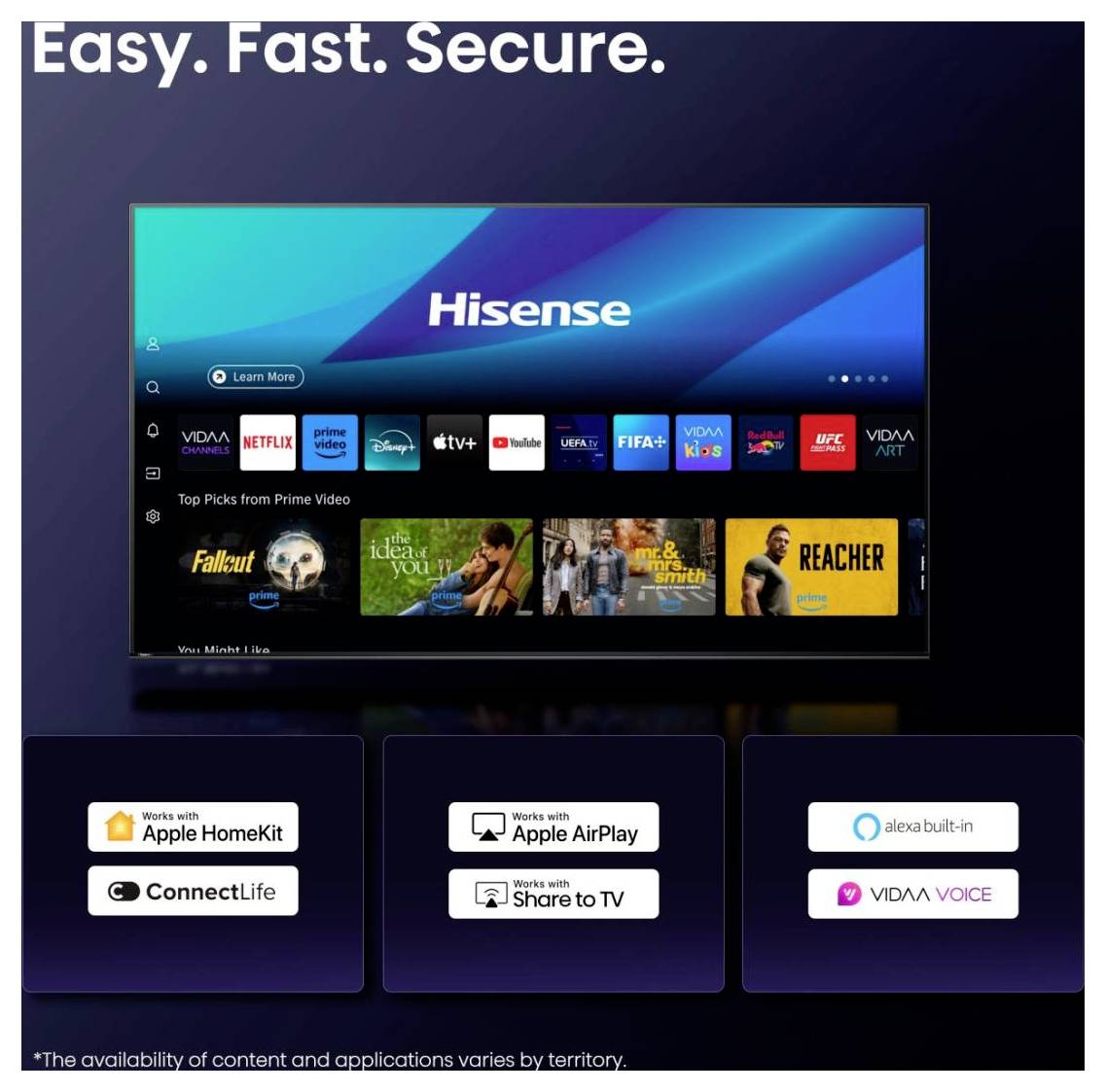 Fernseher, der verschiedene Streaming-Apps wie Netflix, Apple TV und Prime Video zeigt. Funktionen umfassen Apple HomeKit, AirPlay, Alexa und Vidaa Voice.