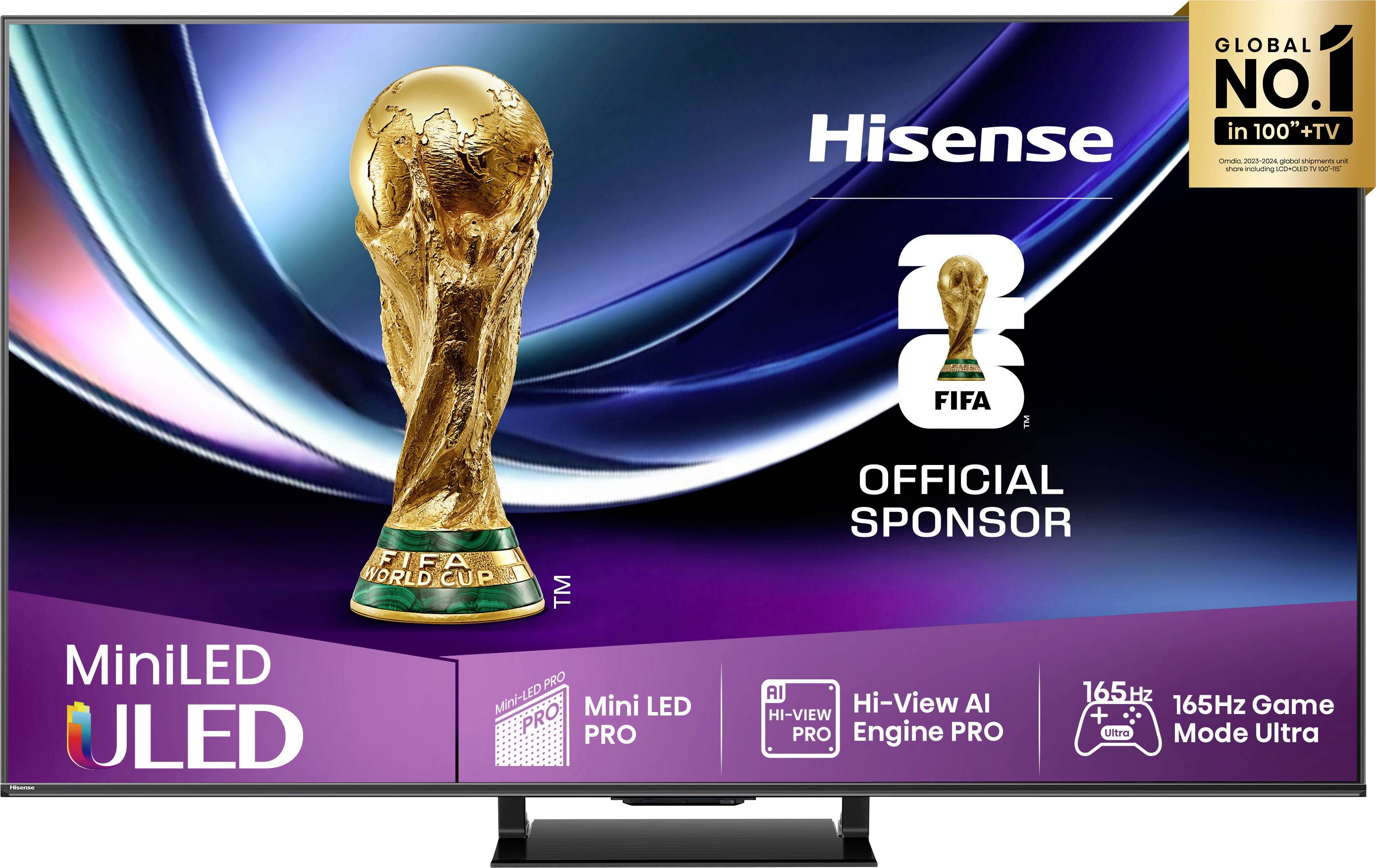 Ein Hisense-Fernsehgerät, das ein Bild der FIFA-Weltpokaltrophäe zeigt, mit dem Text 
