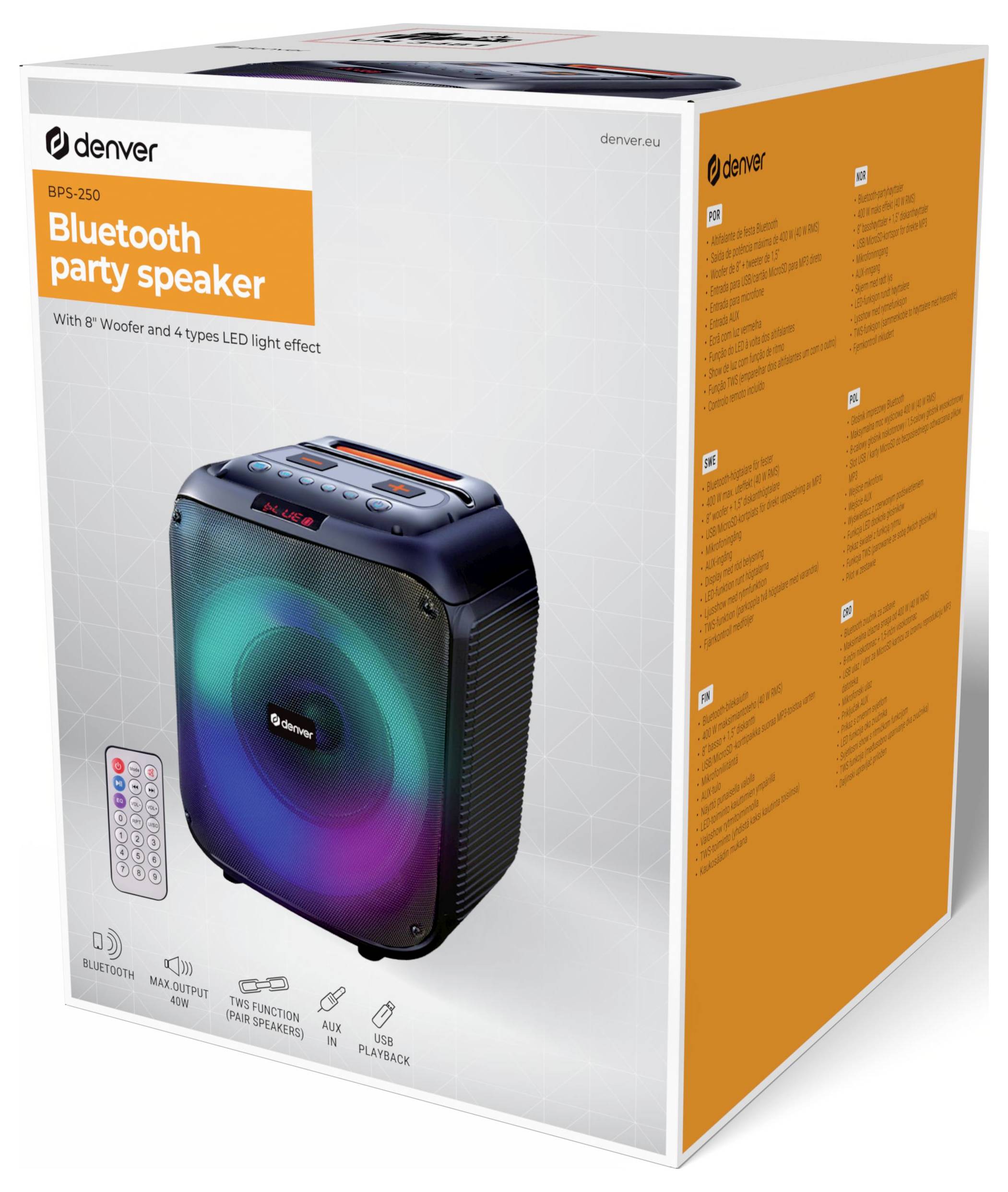 Denver BPS-250 Bluetooth® Lautsprecher AUX, tragbar, USB Schwarz