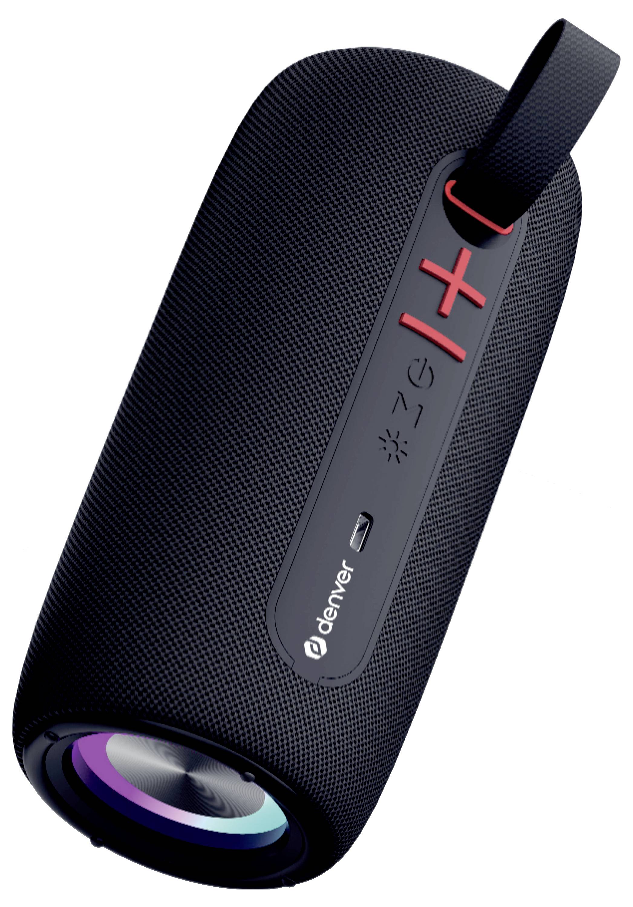 Ein tragbarer schwarzer Lautsprecher mit Trageriemen, ausgestattet mit Lautstärke-, Ein-/Aus- und Beleuchtungsreglern. Die Marke 'Denver' ist seitlich sichtbar.