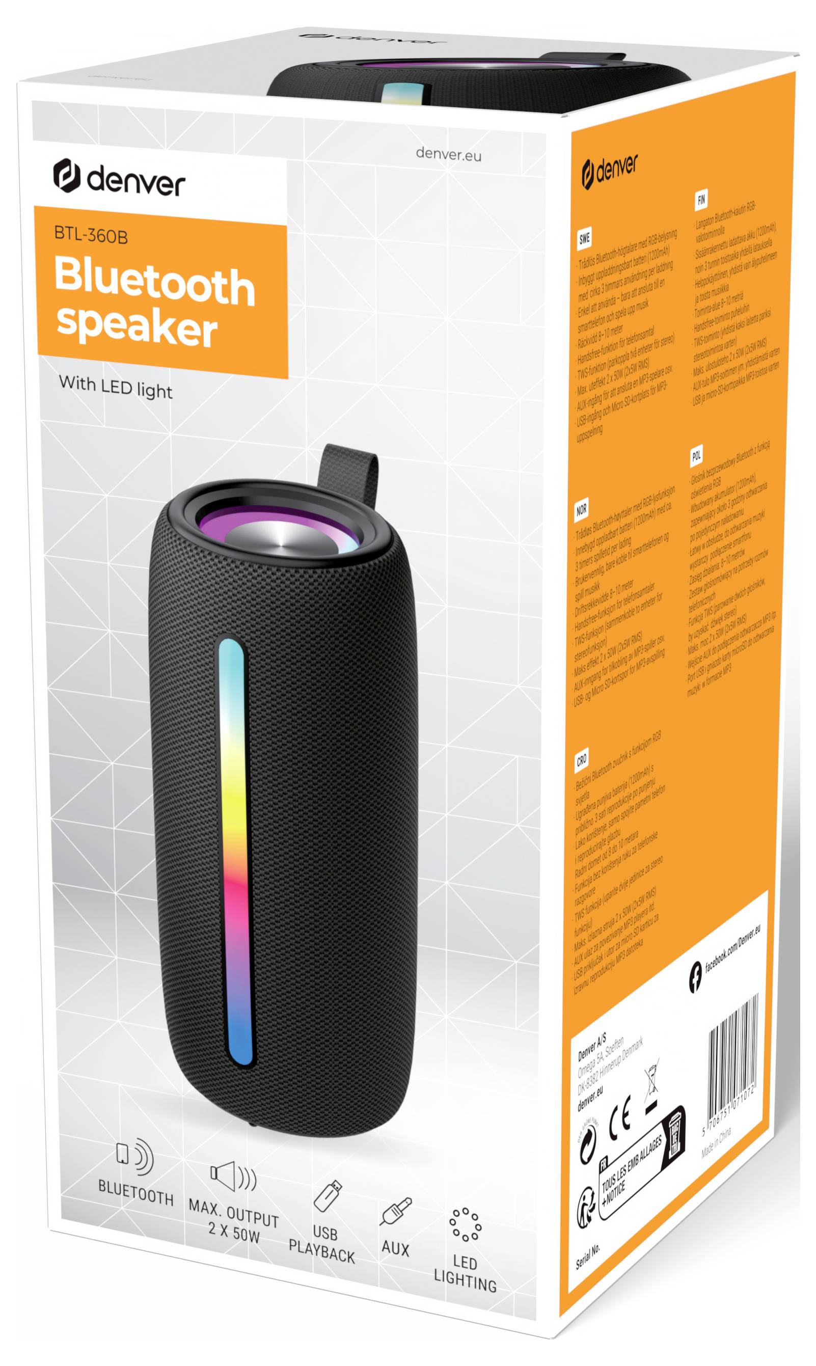 Bluetooth-Lautsprecher in einer Box mit LED-Beleuchtungsfunktion, max. Ausgangsleistung 2x 5W, Bluetooth, Aux und LED-Beleuchtungsoptionen auf der Verpackung dargestellt.