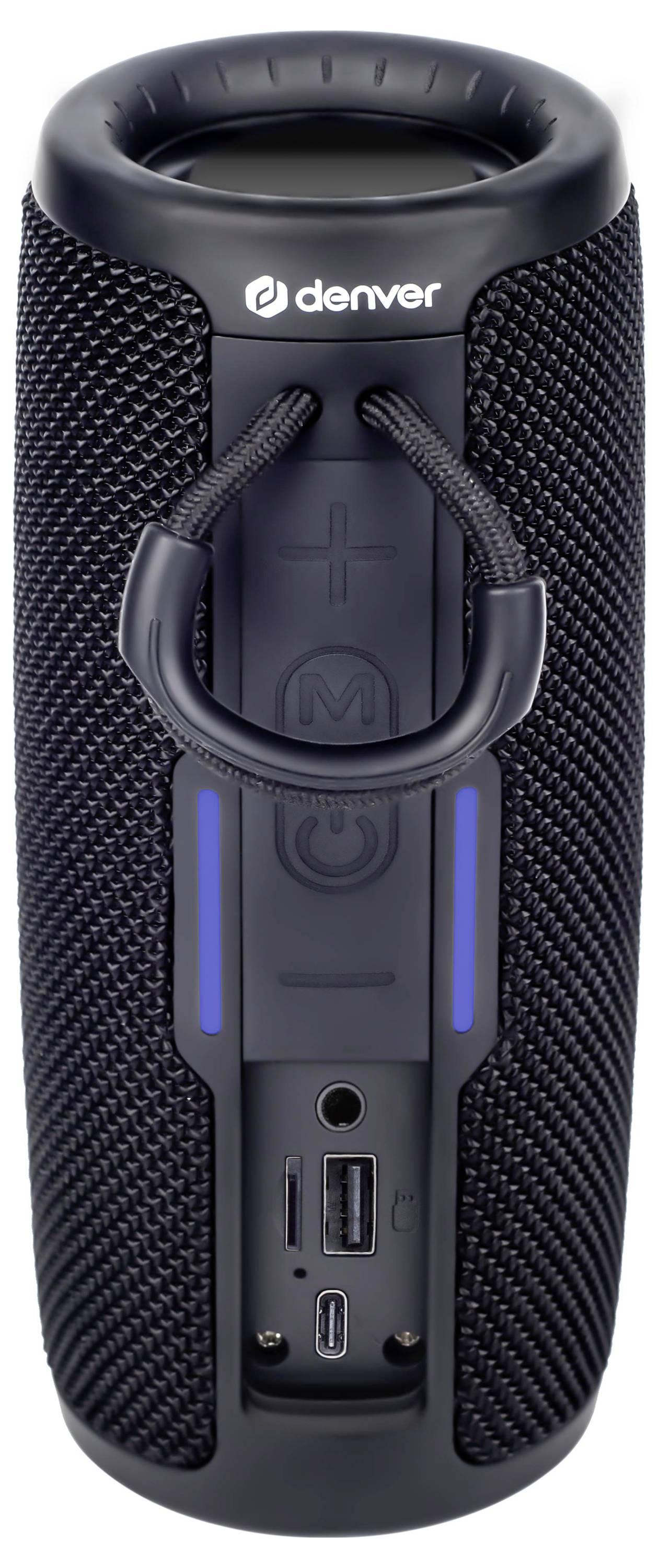 Tragbarer schwarzer und blauer Bluetooth-Lautsprecher mit Stoffgitter, Bedienungstasten und Anschlüssen an der Vorderseite.