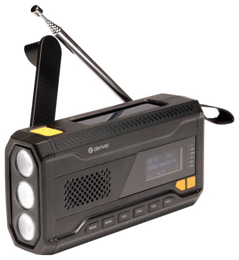 Ein schwarzes tragbares Radio mit Handkurbel, Antenne, Solarpanel, Taschenlampe und digitalem Display zur Anzeige der Frequenz.
