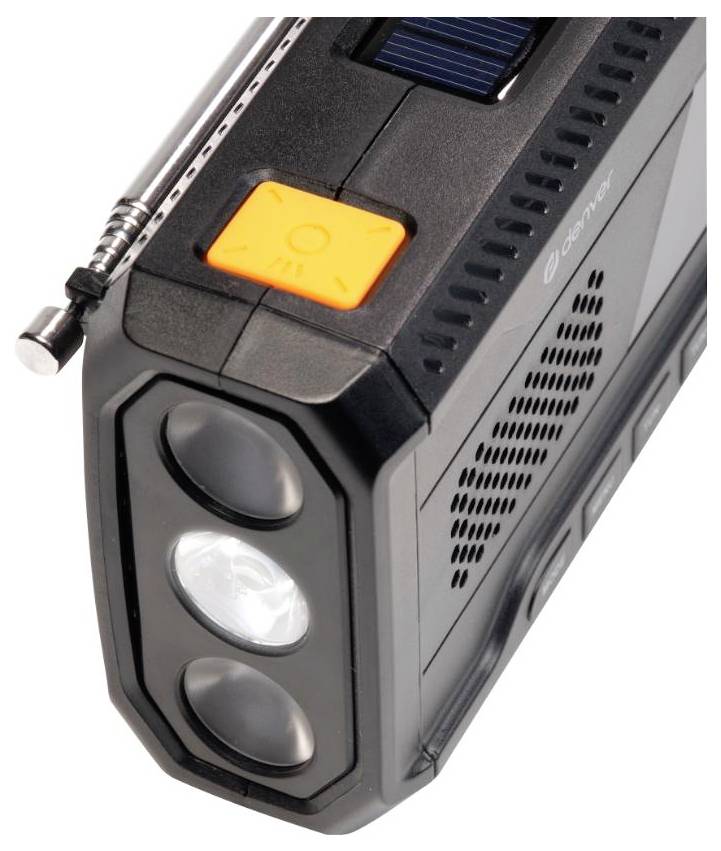 Ein kompaktes schwarzes Gerät mit Taschenlampe, Radioantenne und Solarpanel auf der Oberseite, ausgestattet mit einer orangefarbenen Taste und einem seitlichen Lautsprechergitter.