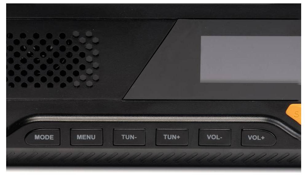 Ein schwarzes Audio-Geräte-Frontpanel mit Tasten, die mit 