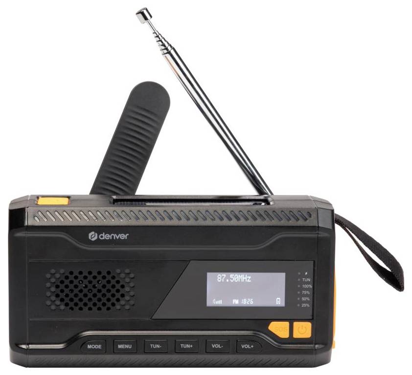 Ein schwarzes tragbares Radio mit einer Digitalanzeige, die 