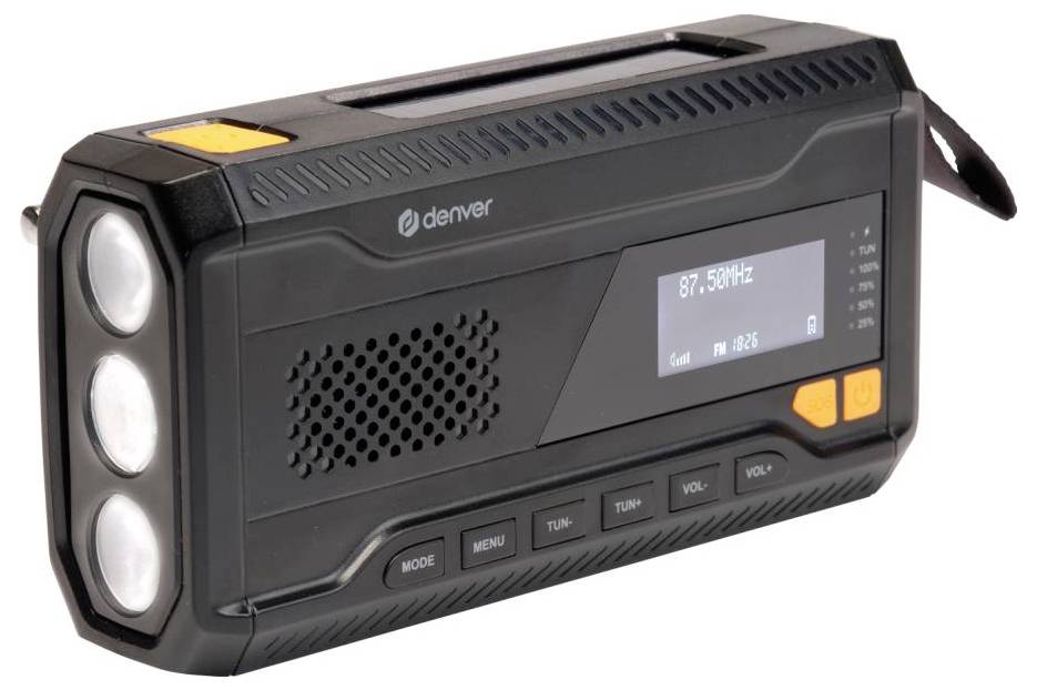 Ein schwarzes tragbares Radio mit einem Display, das '87,50 MHz' anzeigt. Es verfügt über LED-Beleuchtung, Bedienknöpfe und einen Griff, was auf seine Mobilität hindeutet.