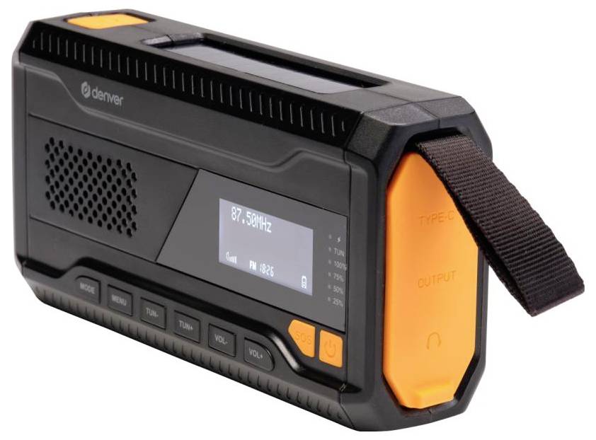 Tragbares schwarzes und orangefarbenes Radio mit digitaler Anzeige, die '87,50 MHz' zeigt, Tasten zum Sender einstellen, Lautstärke regeln und Modus wählen. Es verfügt über einen Trageriemen.