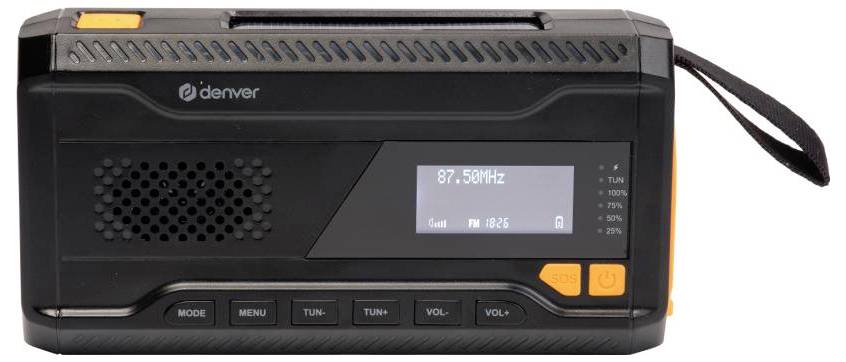 Ein schwarzes tragbares Radio mit einem digitalen Display, das '87,50 MHz' anzeigt, Tasten für Ein/Aus, Modus, Menü, Sender und Lautstärke sowie einem Trageriemen.
