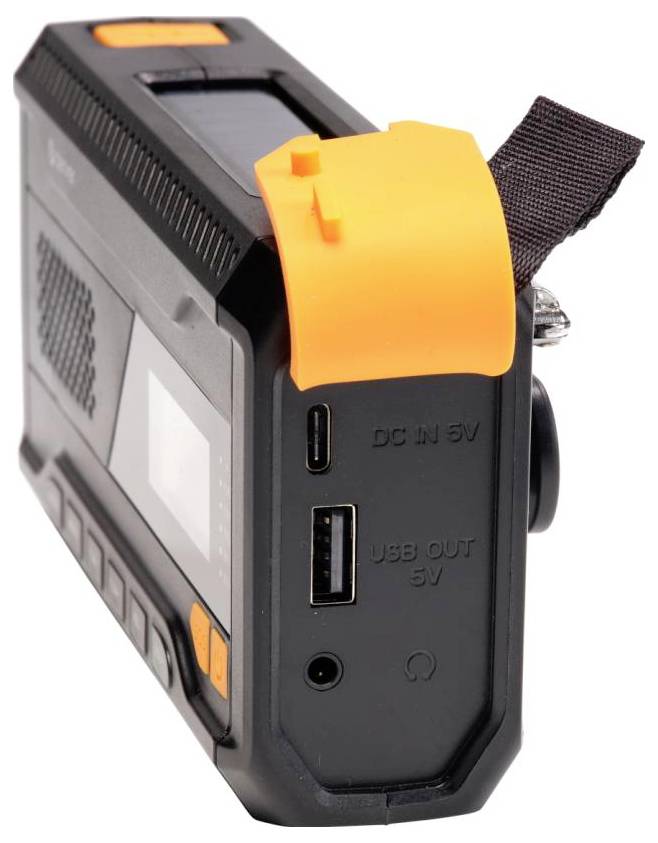 Ein tragbares elektronisches Gerät in Schwarz und Orange mit einem Bildschirm, Tasten und Stromanschlüssen, das wahrscheinlich zum Aufladen oder als Powerbank verwendet wird.