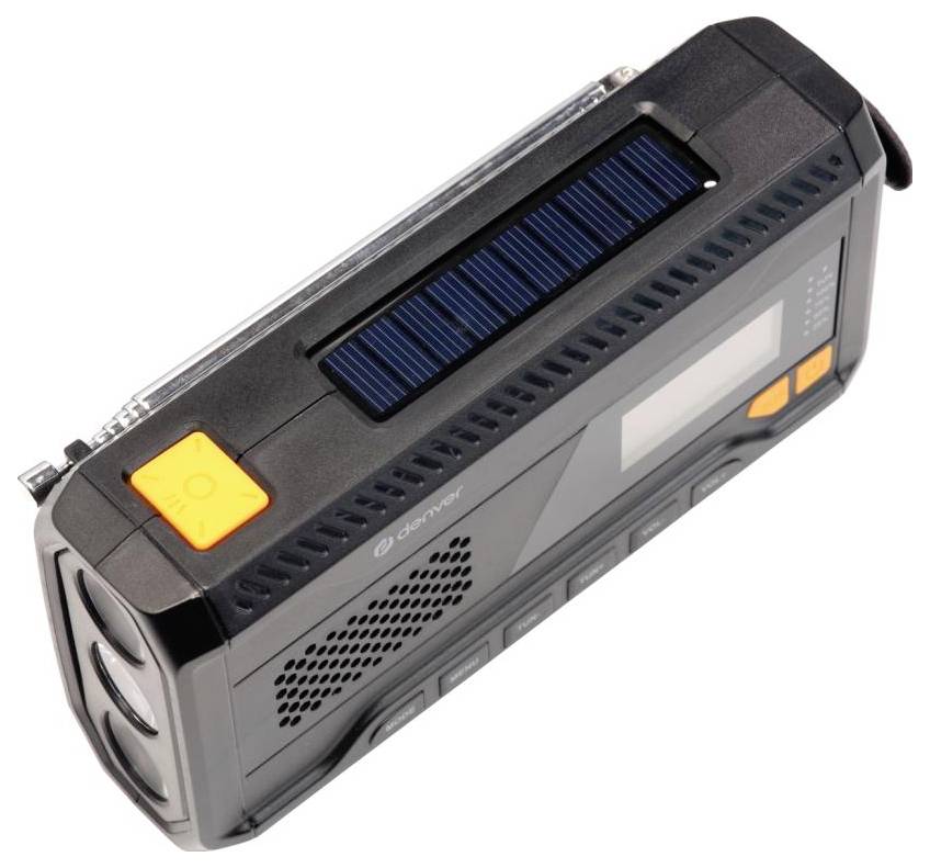 Ein schwarzes Notfallradio mit einem Solarpanel auf der Oberseite, einem leuchtend orangefarbenen Einschaltknopf, einem kleinen Bildschirm und Bedienungstasten an der Vorderseite.