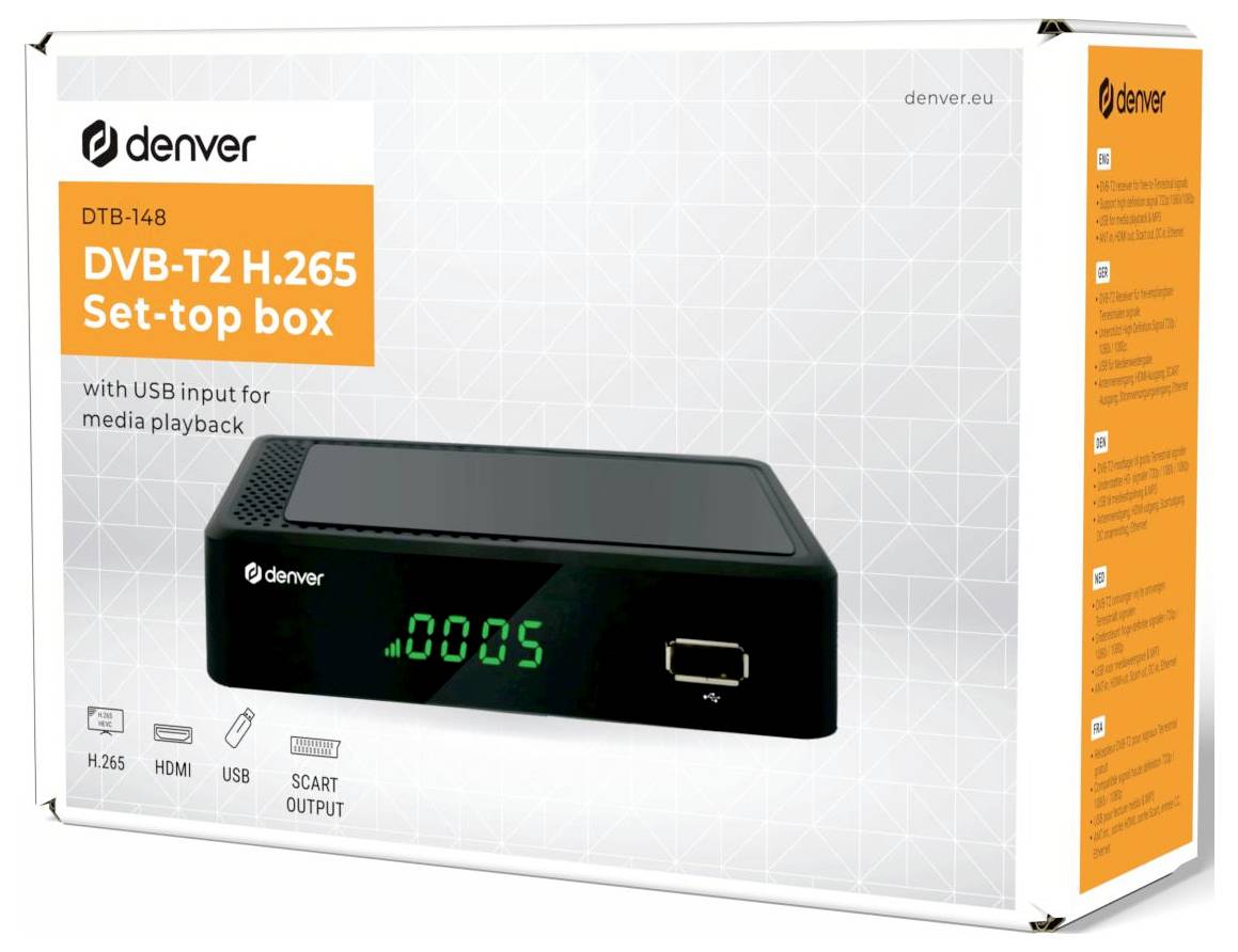 Denver DTB-148 DVB-T2 Receiver Aufnahmefunktion, Deutscher DVB-T2 Standard (H.265), Ethernet-Anschluss, Front-USB, LAN-fähig