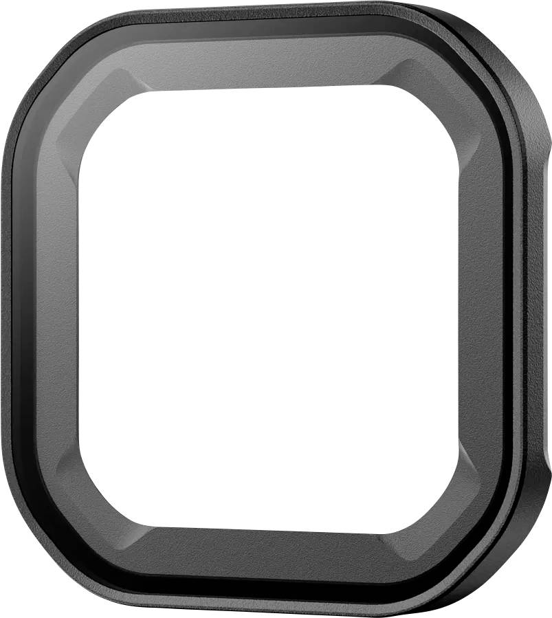 Schwarzer, quadratischer Kameraobjektivfilter mit abgerundeten Kanten und schlankem Profil. Entwickelt, um die Bildqualität zu verbessern, indem Blendeffekte und Reflexionen reduziert werden.