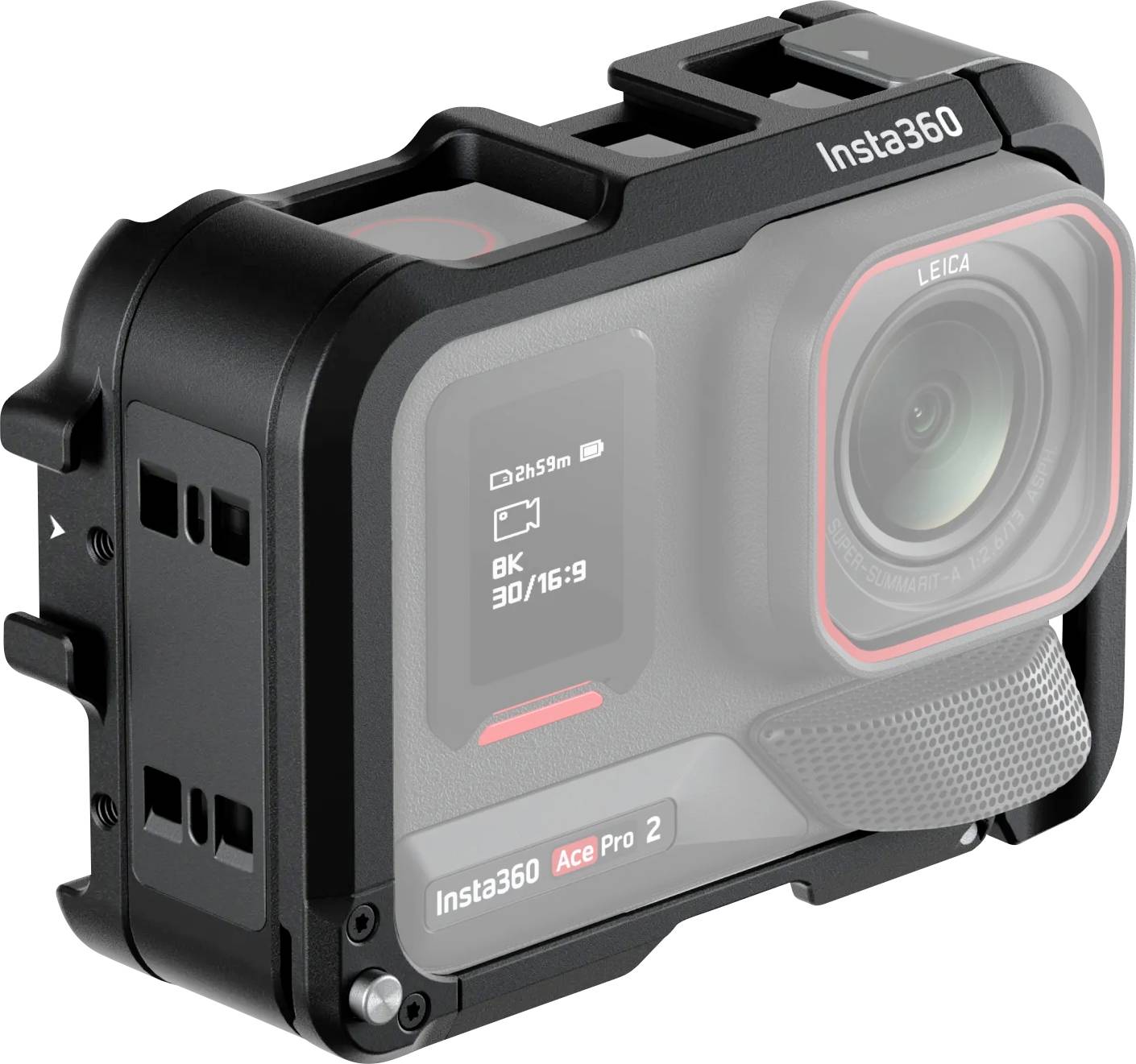 Eine schwarze Insta360 Ace Pro 2 Kamera mit einer auffälligen Linse und Display, auf dem '8K' und Videolaufzeitdetails zu sehen sind.