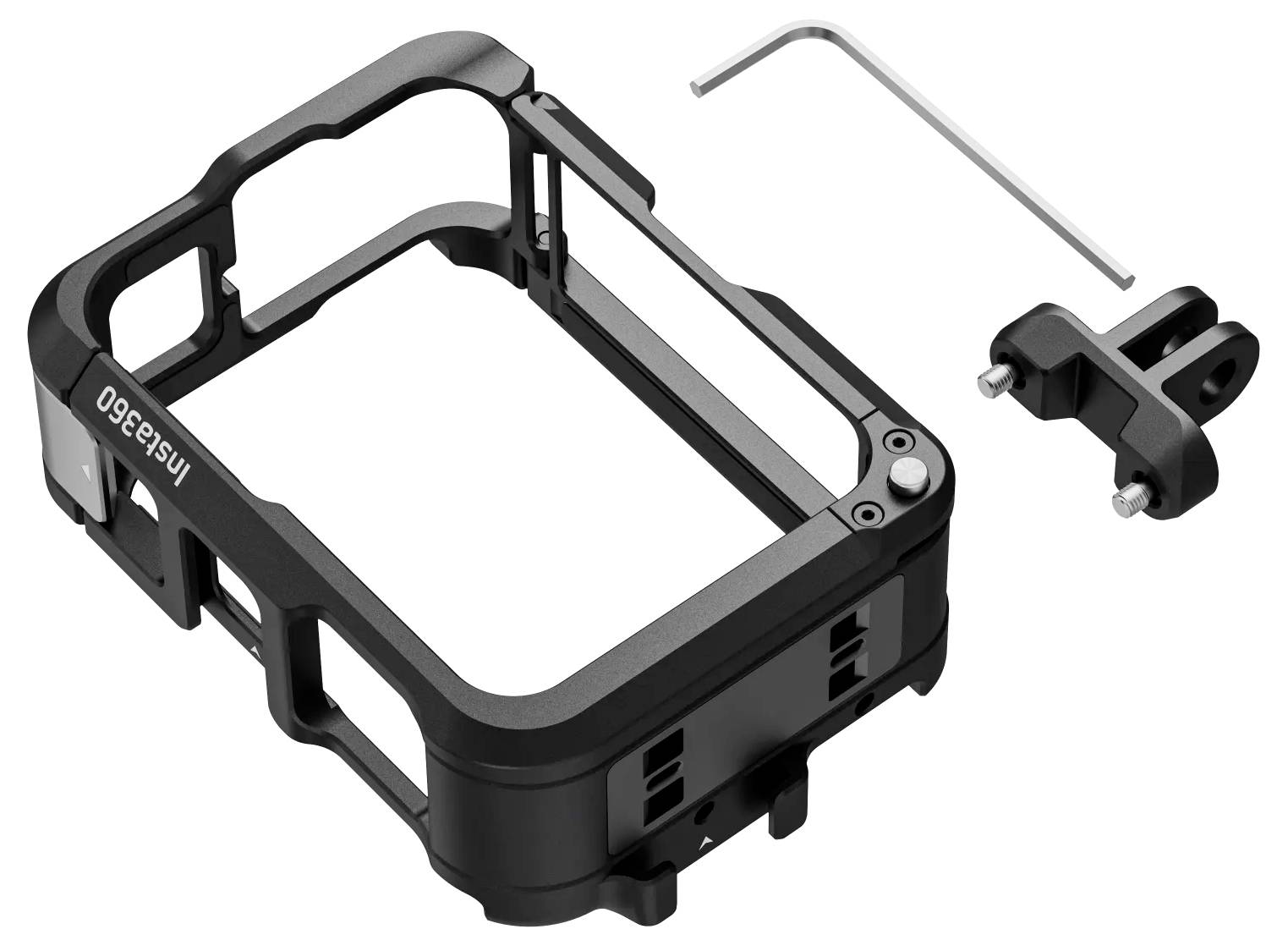 Käfig für 'Insta360'-Kamera mit Befestigungsschrauben und Werkzeug separat dargestellt.