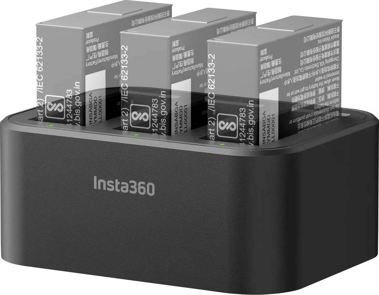 Insta360 Ladegerät mit vier vertikal eingelegten Li-Ion-Akkus, die jeweils mit Spezifikationen gekennzeichnet sind.