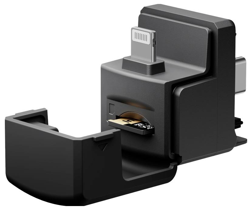 Ein schwarzer SD-Kartenleser mit mehreren Anschlüssen, einschließlich eines USB- und Lightning-Anschlusses, mit einer eingelegten SD-Karte.