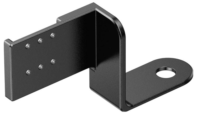 Schwarzes Metall-L-Profil mit mehreren Bohrungen zur Befestigung; wird zur Strukturstabilisierung im Bauwesen oder bei der Möbelmontage verwendet.