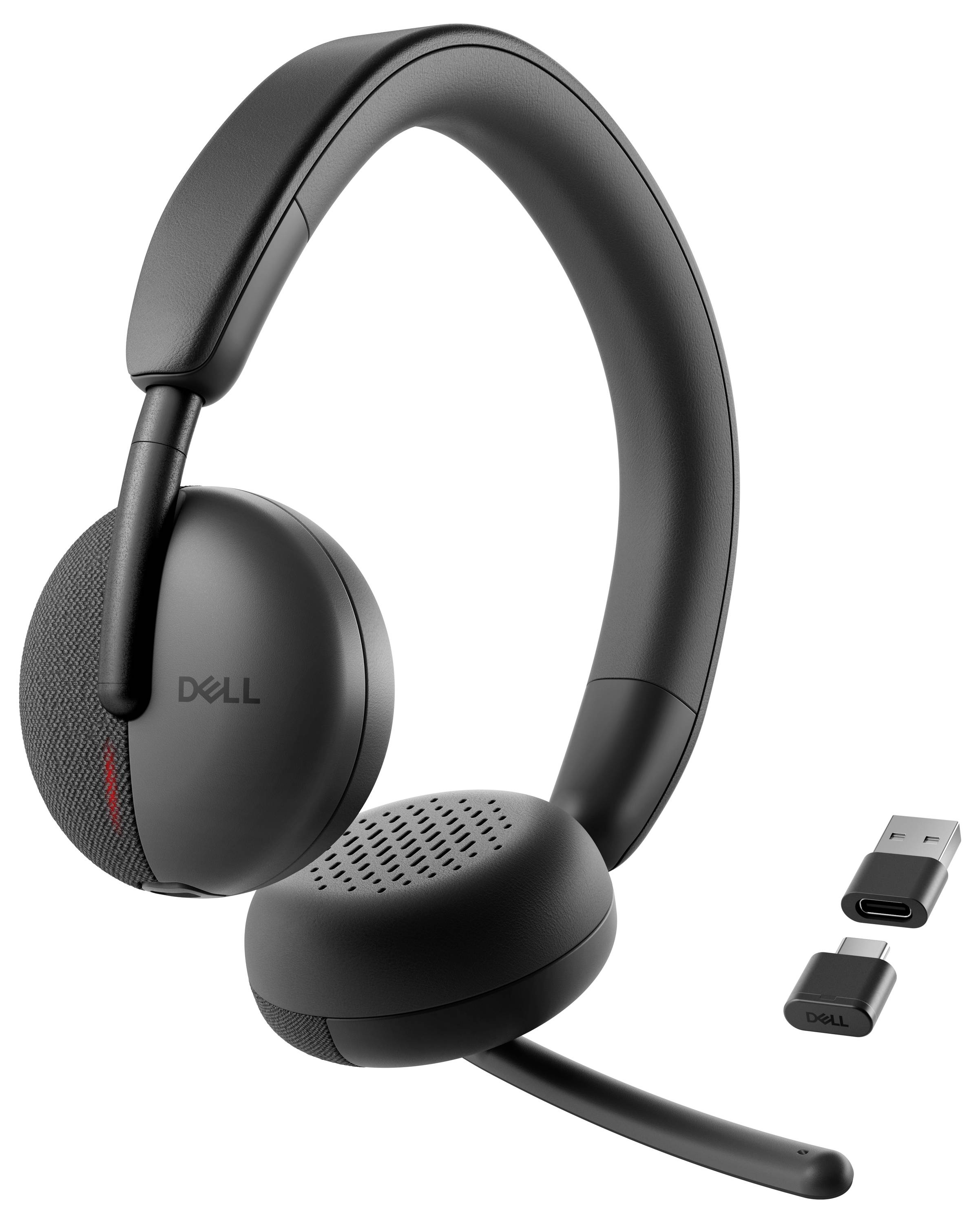 Schwarzes, Over-Ear Dell Wireless-Headset mit Mikrofon und zwei USB-Anschlüssen auf weißem Hintergrund.