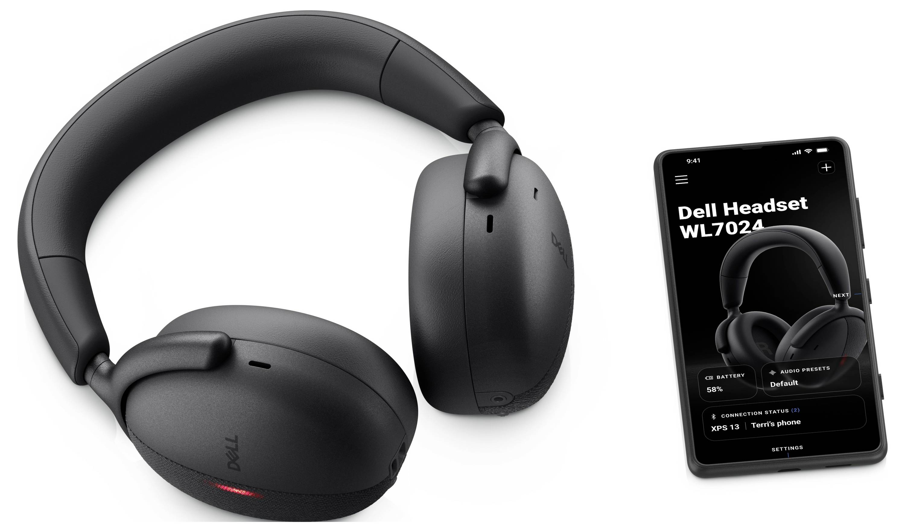 Schwarzes drahtloses Headset neben Smartphone, das die Informationen 'Dell Headset WL7024' auf dem Bildschirm anzeigt.