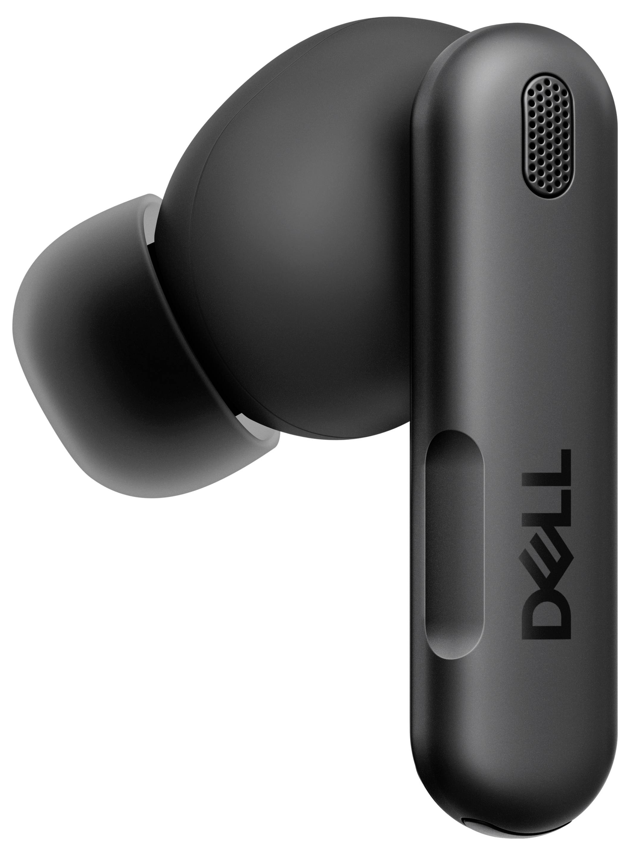 Ein schwarzer drahtloser Earbud mit dem Markennamen 